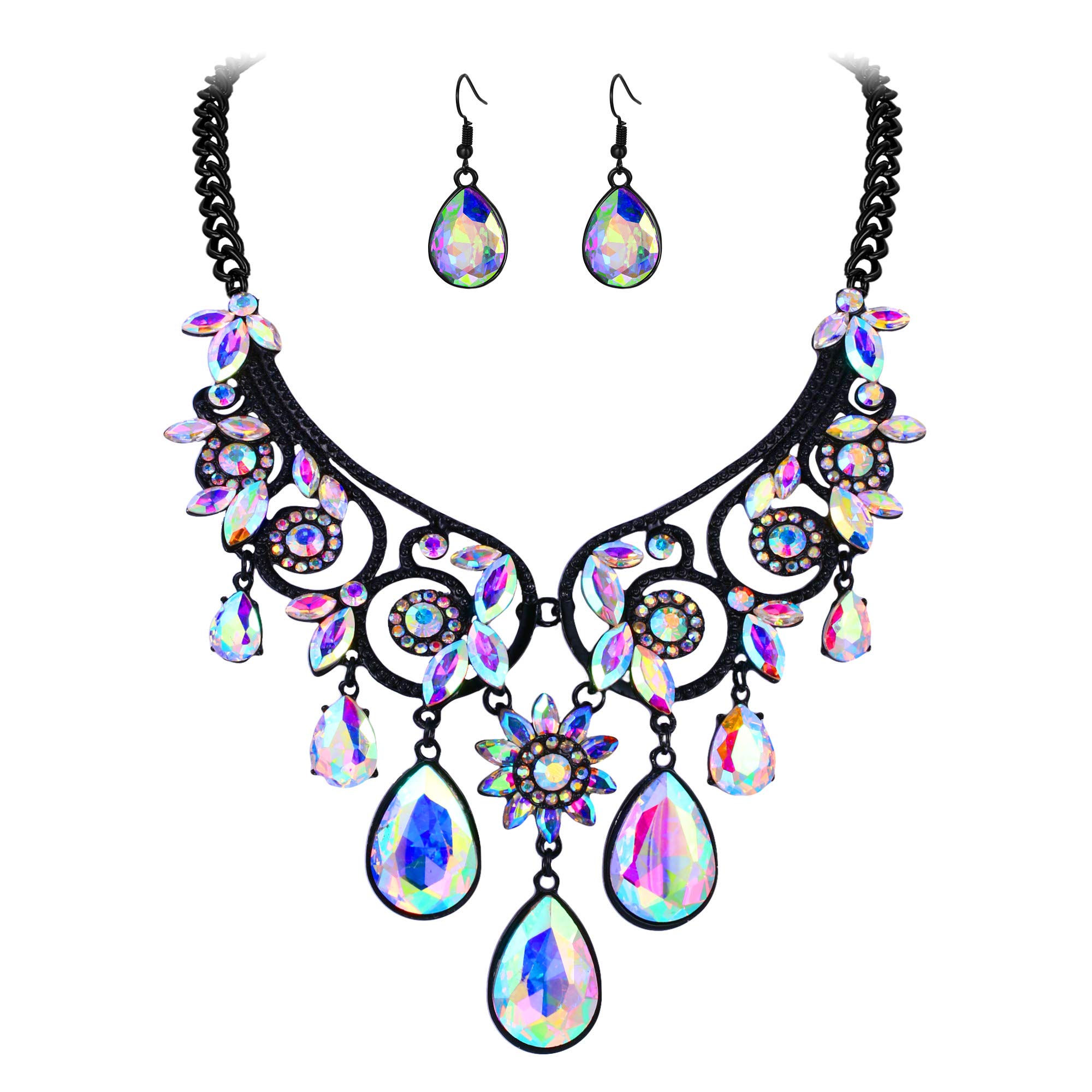 Women's Tribal Ethnic Crystal Chunky Statement Necklace Dangle Earrings Set