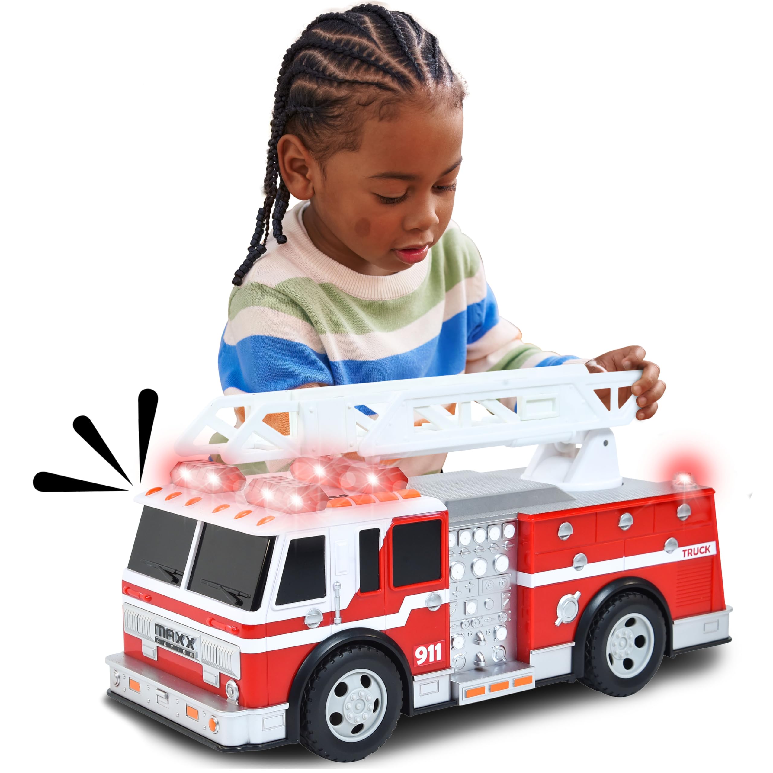 Sunny Days Entertainment Maxx Action Large Fire Truck – Lights and Sounds Vehicle with Extendable Ladder | Motorized Drive and Soft Grip Tires | Firetruck Toys for Kids 3-8 –