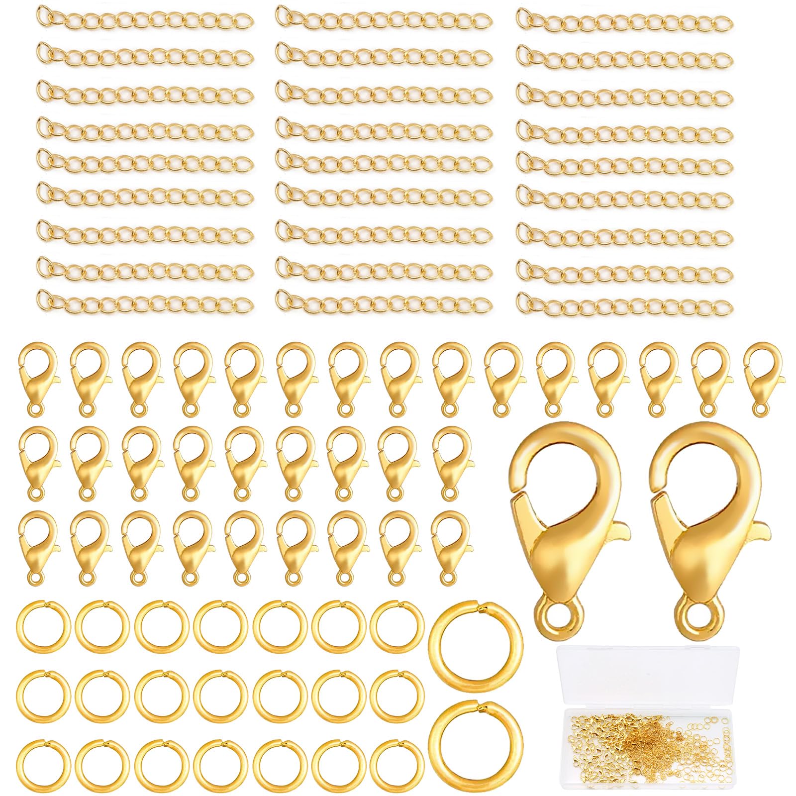 ZOCONE 400 pcs Jewellery Clasps Set, 100 Gold Lobster Clasps 200 Gold Jump Rings 100 Gold Bracelet Extender Chain for Jewellery Making Necklace Clasps Bracelet Connectors with Case for DIY Craft