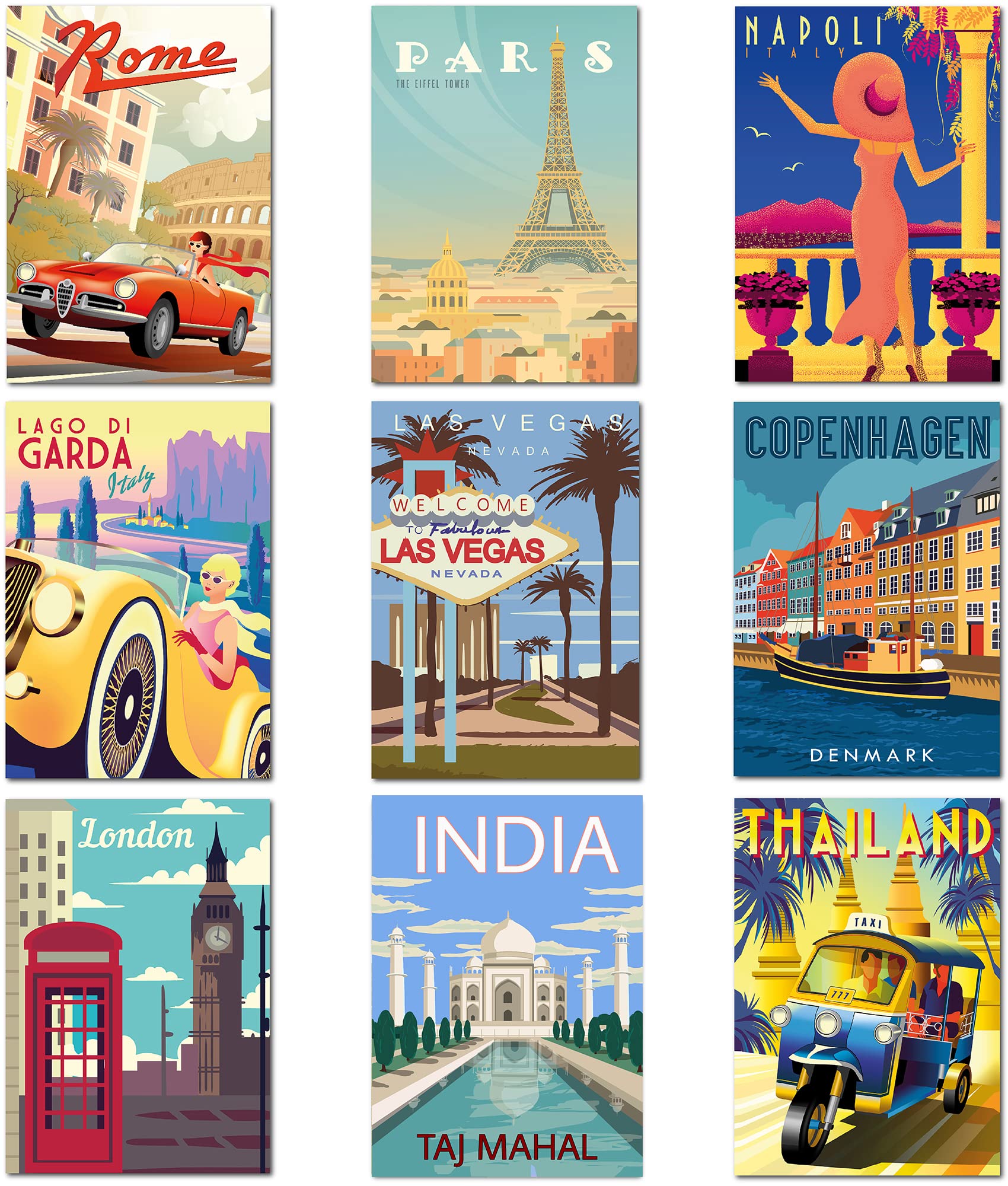 Olivia Samuel 9 x Vintage Travel Posters from A4 Size Wall Art on Thick 350gsm Card. Set 1 ** UNFRAMED **