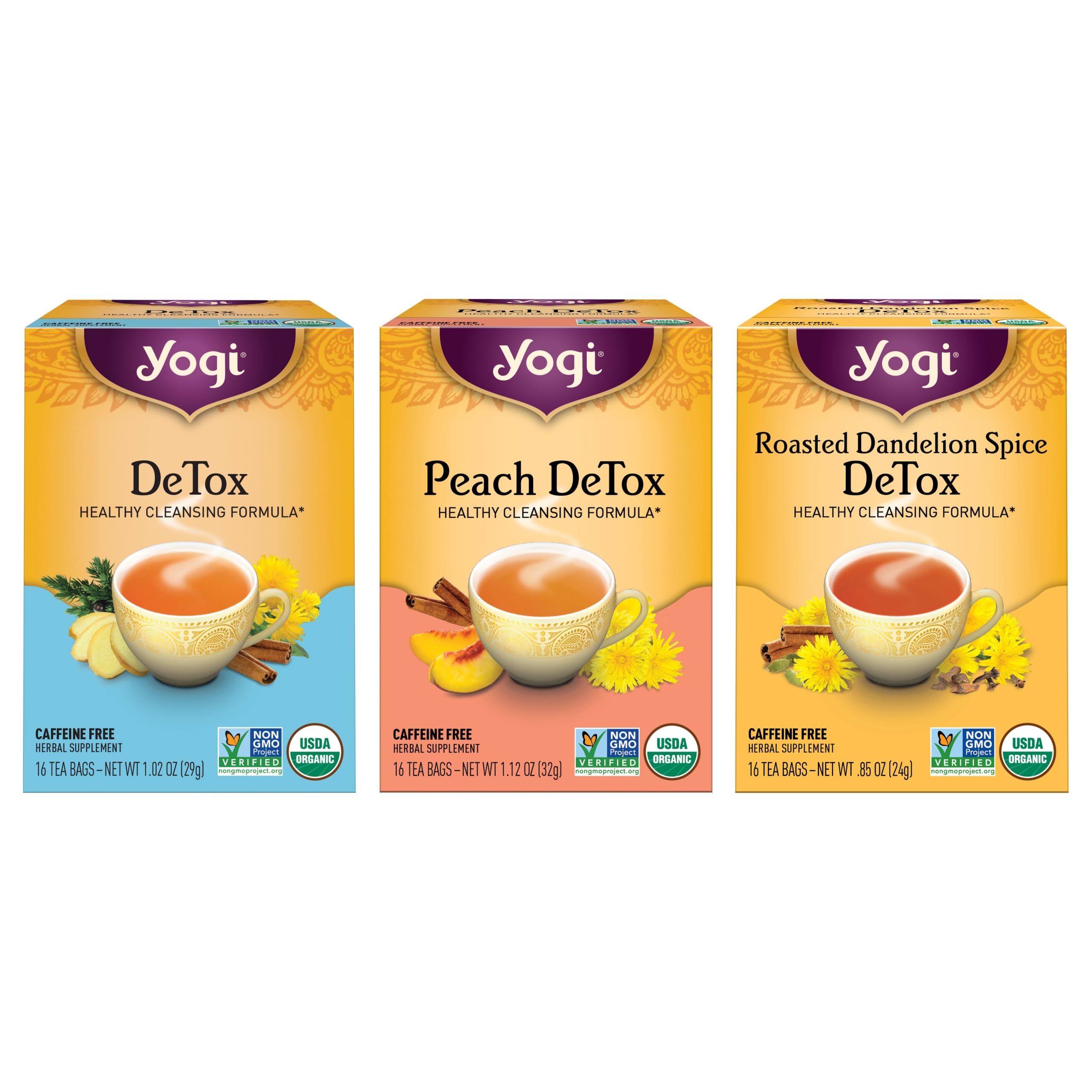 Yogi Tea Herbal DeTox Variety Pack - 16 Tea Bags per Pack (3 Packs) - Organic Detox Tea Sampler - Includes DeTox Tea, Peach DeTox Tea & Roasted Dandelion Spice DeTox Tea - Tea Assortment