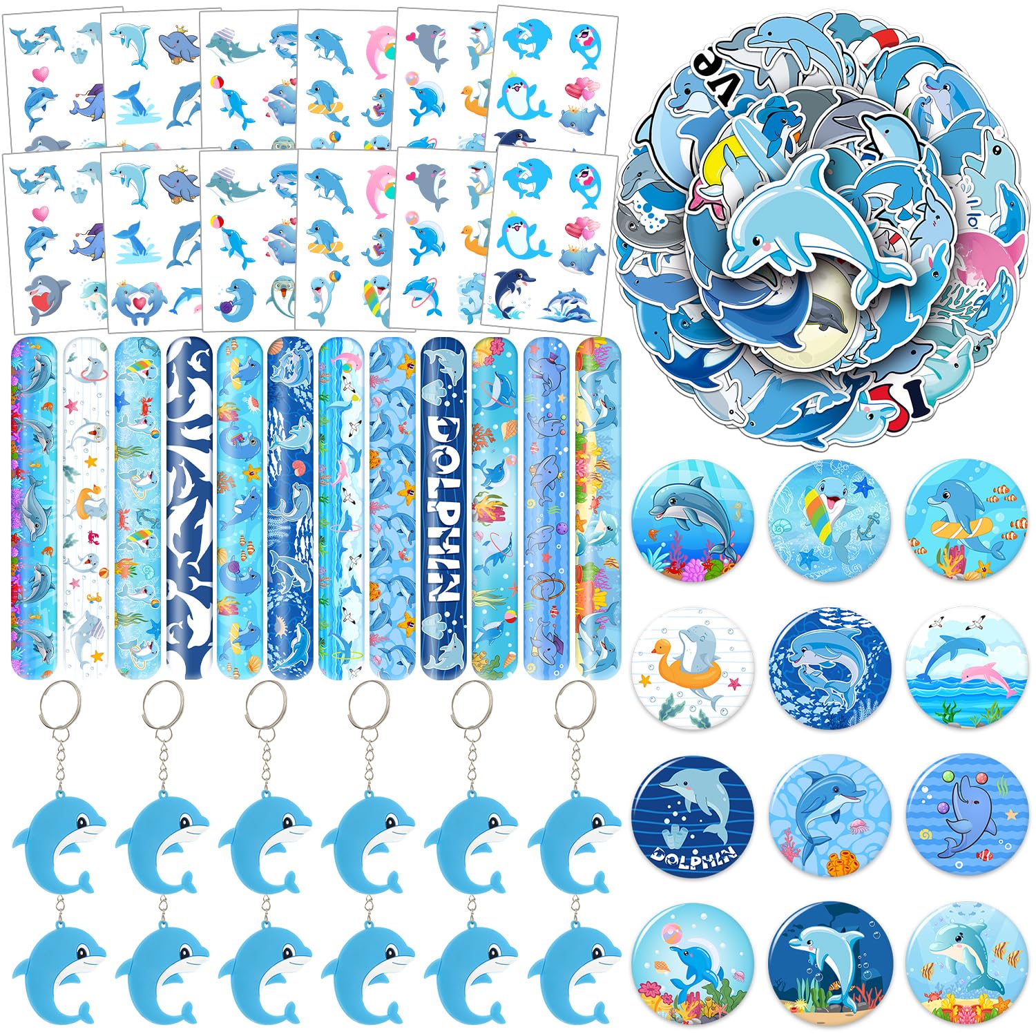 98 PCS Dolphin Party Favors, Dolphin Temporary Tattoos Slap Bracelets Keychains Stickers Badges for Dolphin Birthday Party Decorations Supplies Gifts for Kids Teens Boys Girls Classroom Rewards