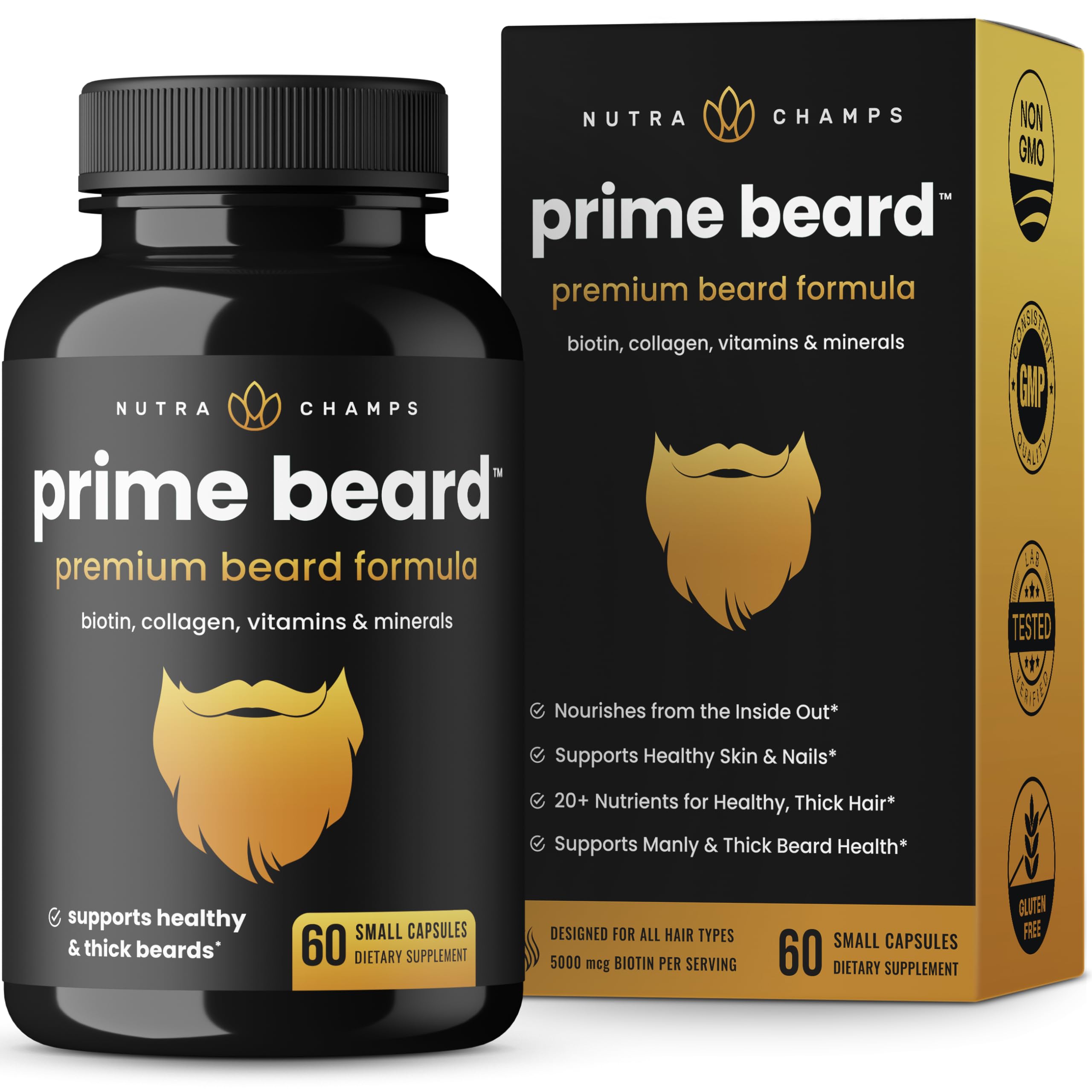 Prime Beard Beard Growth Vitamins Supplement for Men - Thicker, Fuller, Manlier Hair - Scientifically Designed Pills with Biotin, Collagen, Zinc & More! - for All Facial Hair Types - Natural Capsules