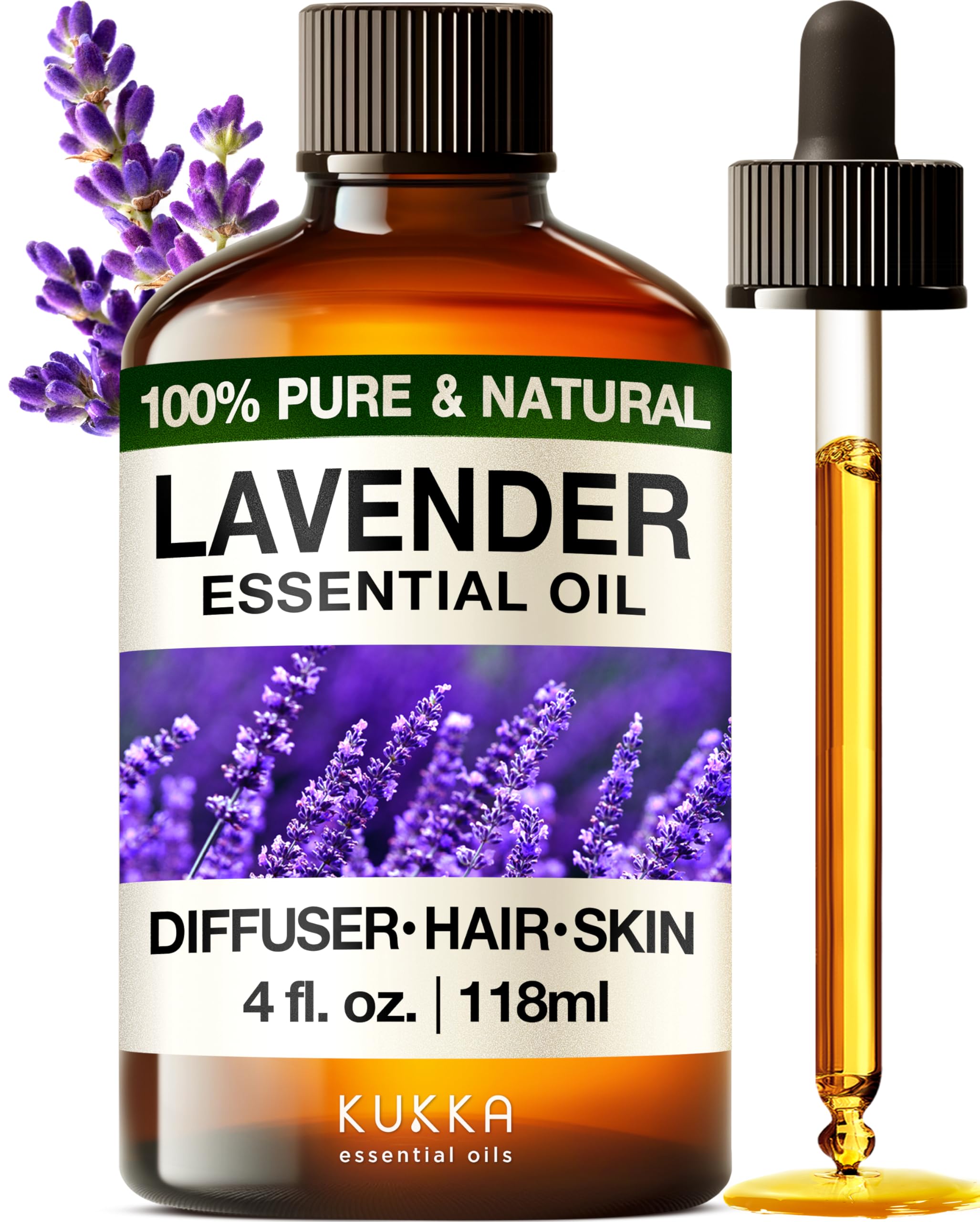 Kukka Lavender Essential Oil for Diffuser - Huge 4 Fl Oz - 100% Pure Natural Lavender Oil for Skin & Hair - Experience Calming Relaxation for Body, Aromatherapy & DIY Soap Making Scent