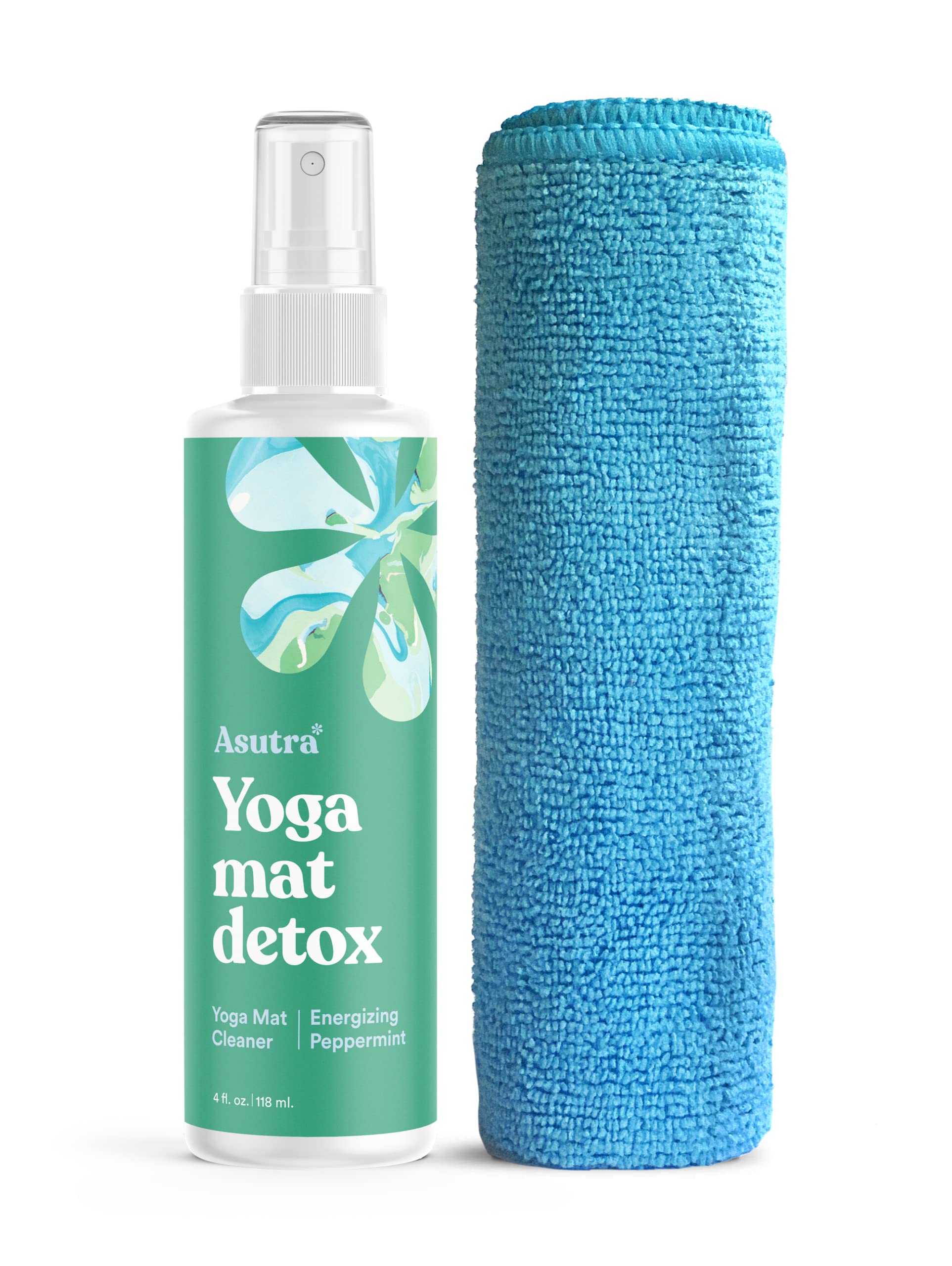 Asutra, 100% Natural and Organic Yoga Mat Cleaner, Safe for All Mats, No Slippery Residue, Cleans, Restores, Refreshes, Free Microfiber Cleaning Towel, Energizing Peppermint Aroma, 4 Oz.