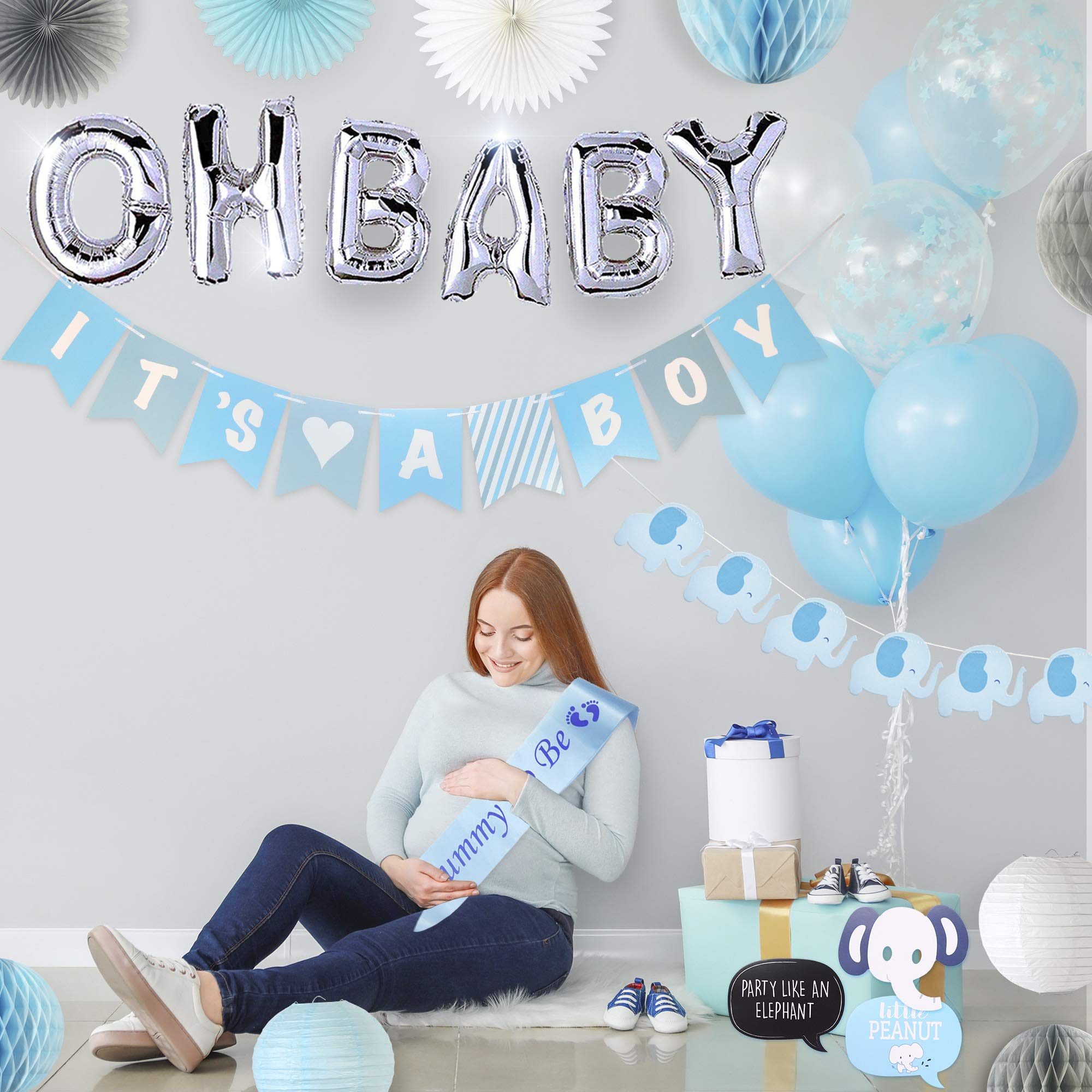 PGNART Baby Shower Decorations for Boy Blue Elephant Theme Garland Little Peanut It's A BOY Banner OH Baby Balloon Mom to Be Sash Party Supplies Kit Centerpiece Stick Photo Prop Fan Easy Decor Hanging