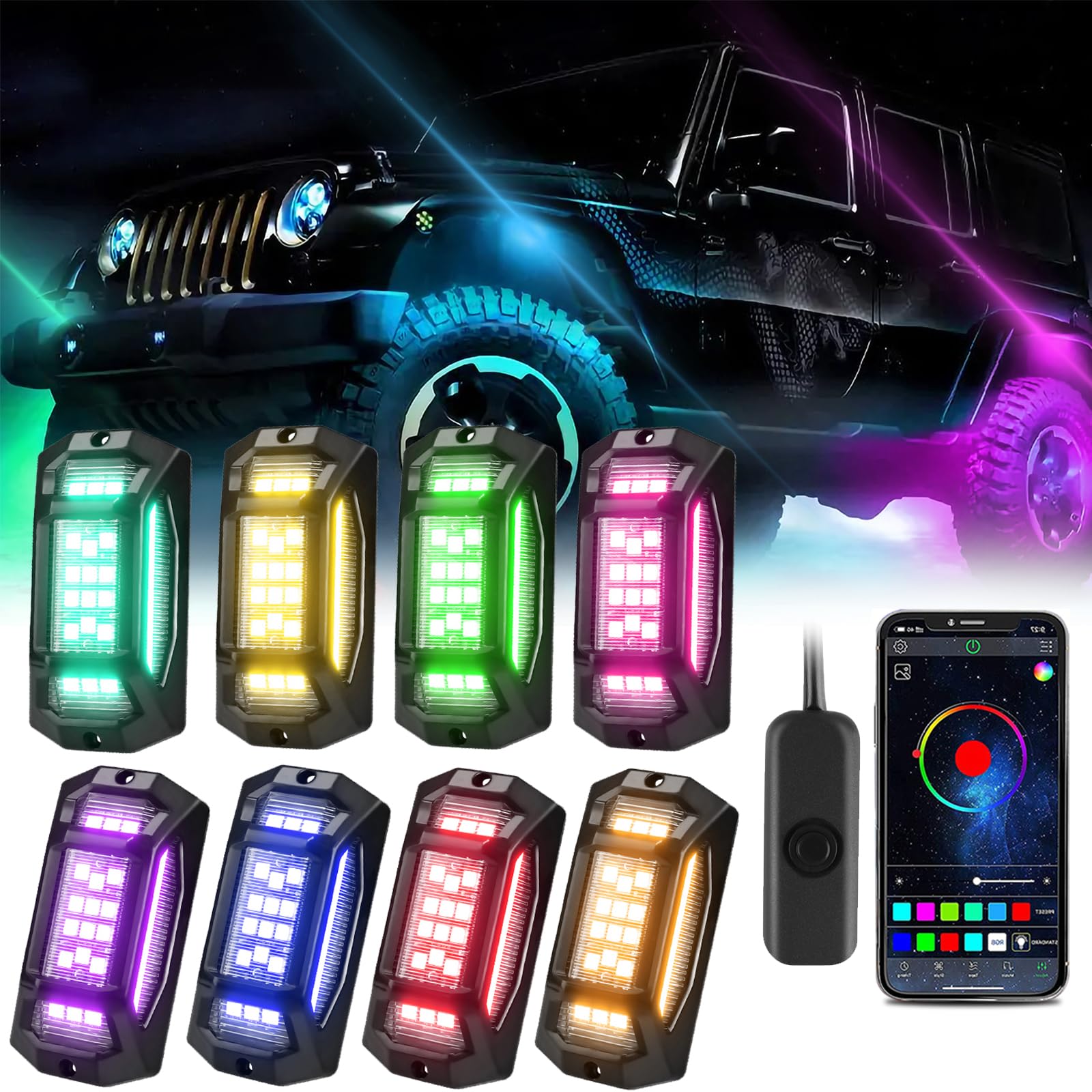 YUGUANG 8 Pods Rock Lights, APP Control Underglow LED Lights for Cars Music Sync Multicolor Under glow Rock Light kit Waterproof for Car Truck UTV ATV RZR SUV