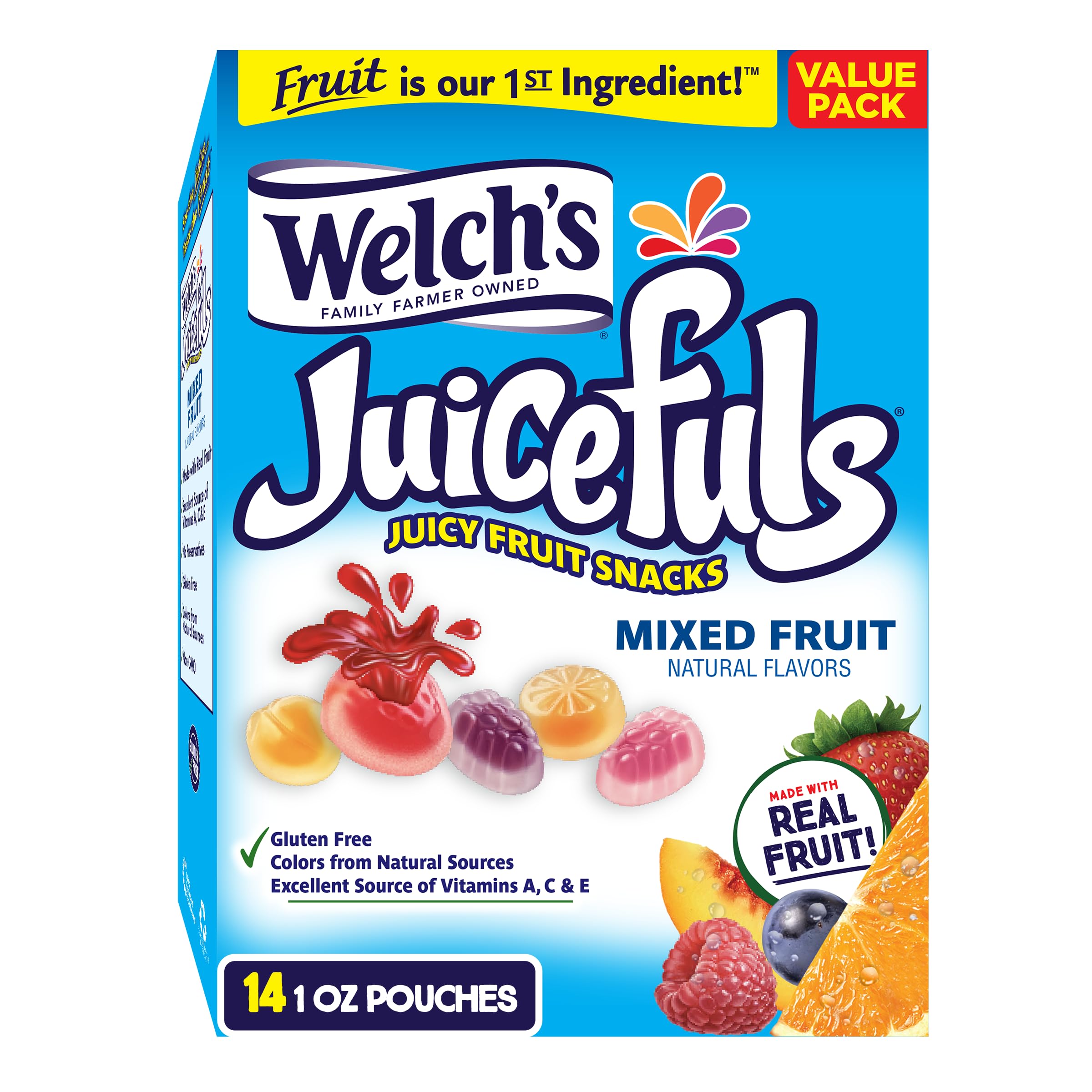 Welch'sJuicefuls Juicy Fruit Snacks, Mixed Fruit, Fruit Gushers, Perfect for School Lunches, Bulk Pack, Gluten Free, Individual Single Serve Bags, 1 oz (Pack of 14)