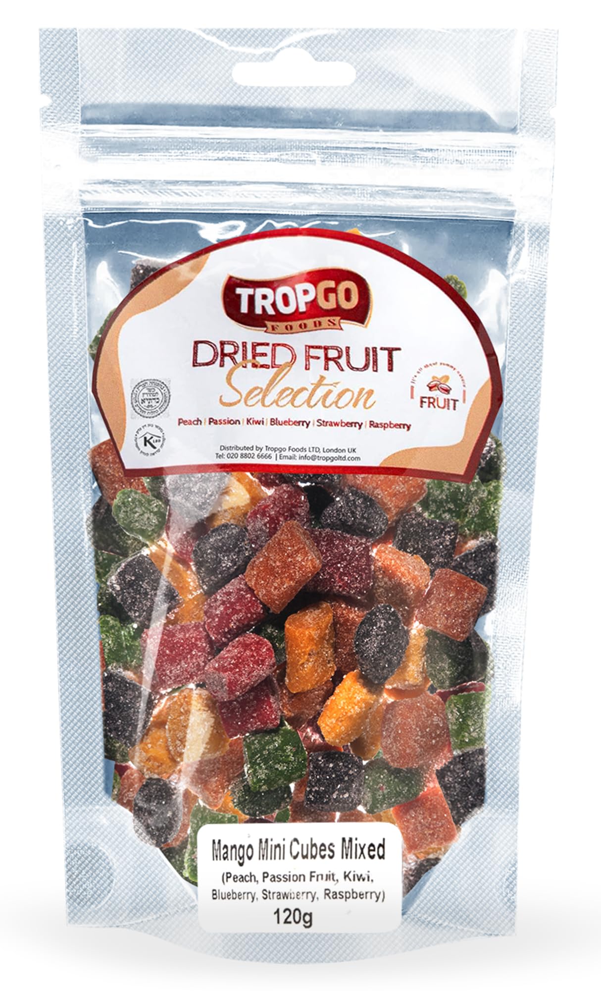 TropgoDried Fruit Bites - Mango Dried Fruit Mix Mini Cubes - Mixed Dried Fruit in Pouch - Healthy Snacks for Adults and Kids - Peach, Passion, Kiwi, Blueberry, Strawberry, Raspberry