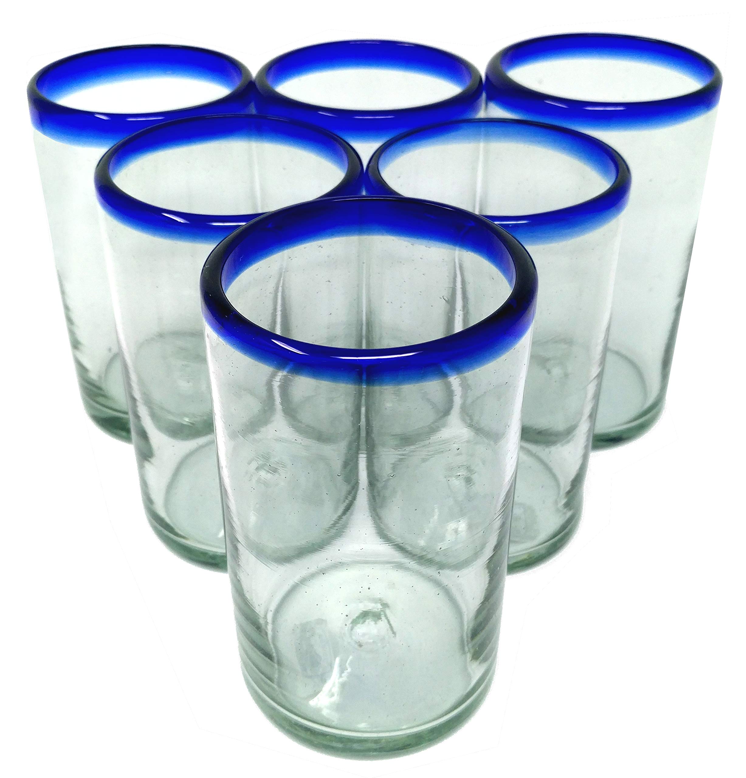 Dos Sueños Hand Blown Mexican Drinking Glasses - Set of 6 Glasses with Cobalt Blue Rims (14 oz each)