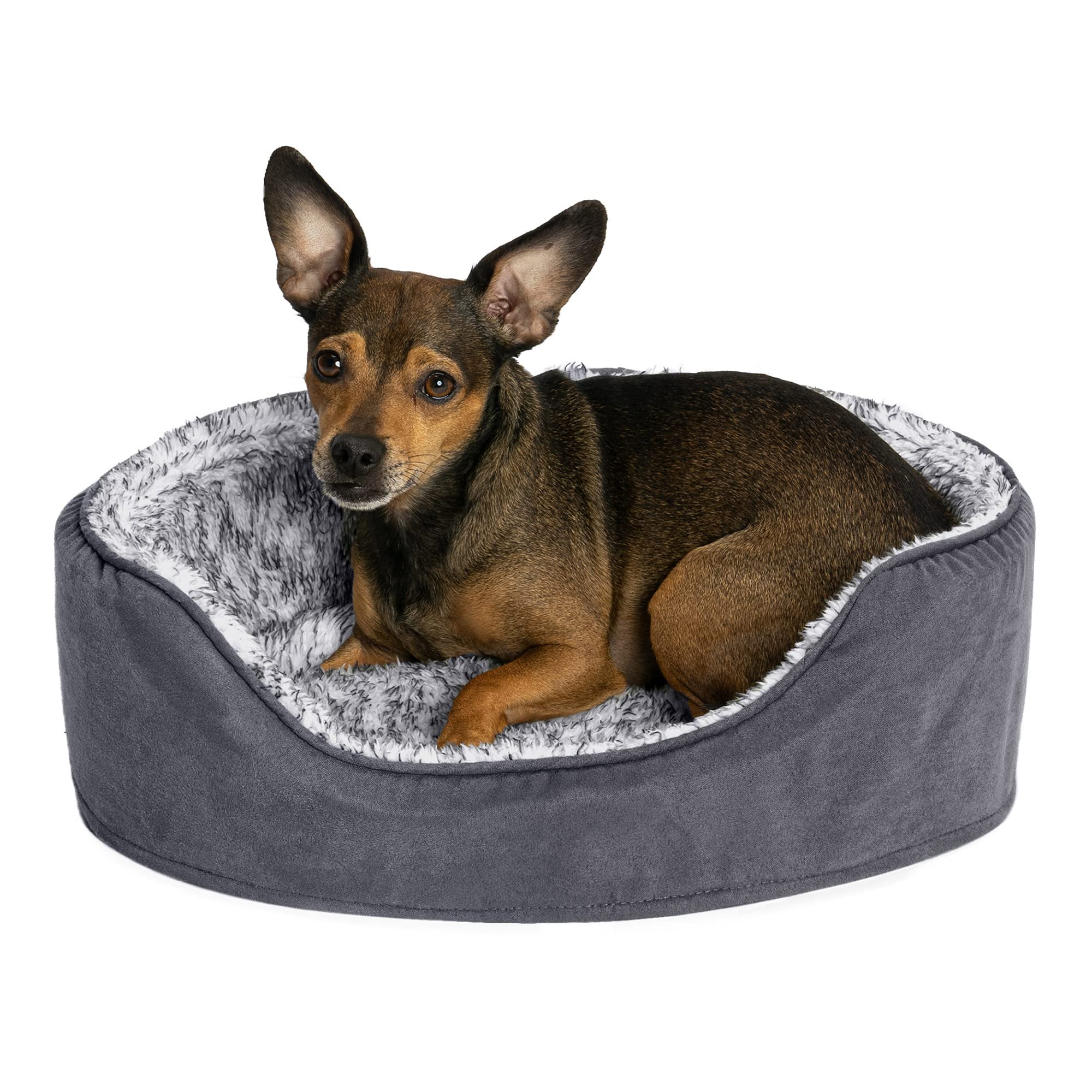 Furhaven Pet Bed for Dogs & Cats - Two-Tone Faux Fur & Suede Oval Cuddler Dog Bed with Removable Washable Cover & Pillow Cushion - Gray, Small