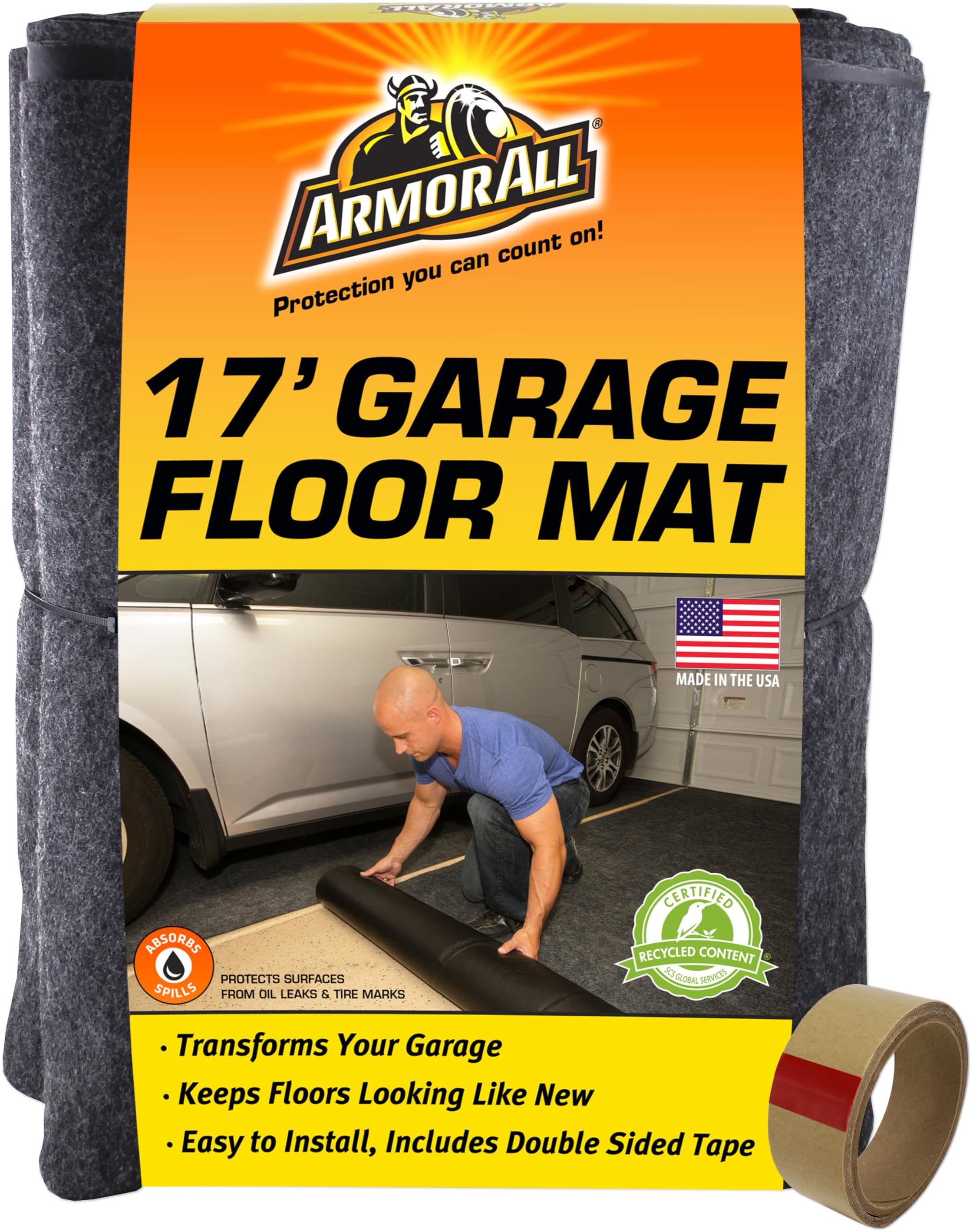 Armor All Original Garage Floor Mat, (17' x 7'4"), (Includes Double Sided Tape), Protects Surfaces, Transforms Garage - Absorbent/Waterproof/Durable (USA Made) (Charcoal)