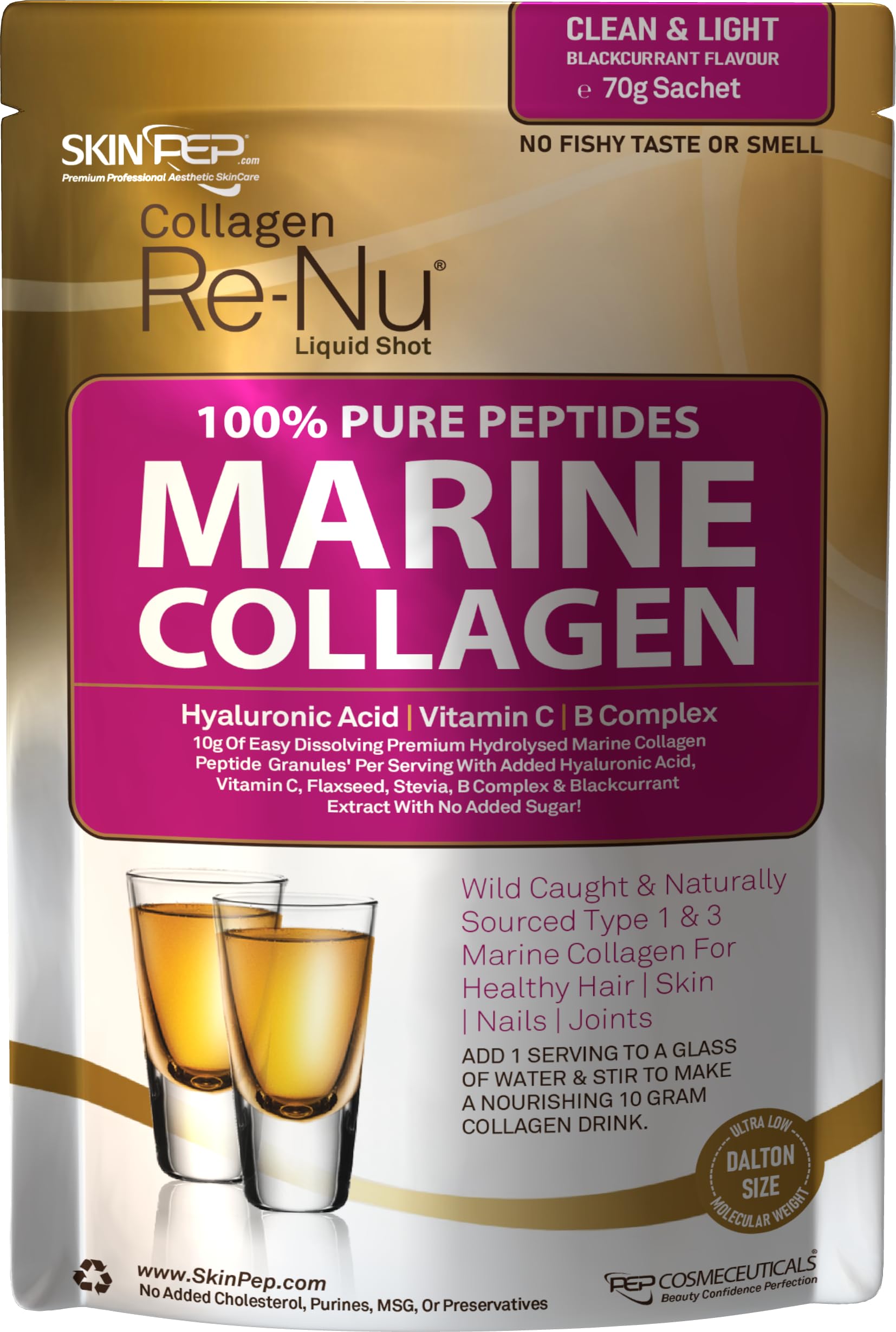 Premium Hydrolysed Marine Collagen Peptide Powder + VIT C, B Complex Hyaluronic Acid, & Stevia. Delicious Taste/No Fishy Smell - SkinPep® Collagen Re-Nu 70g