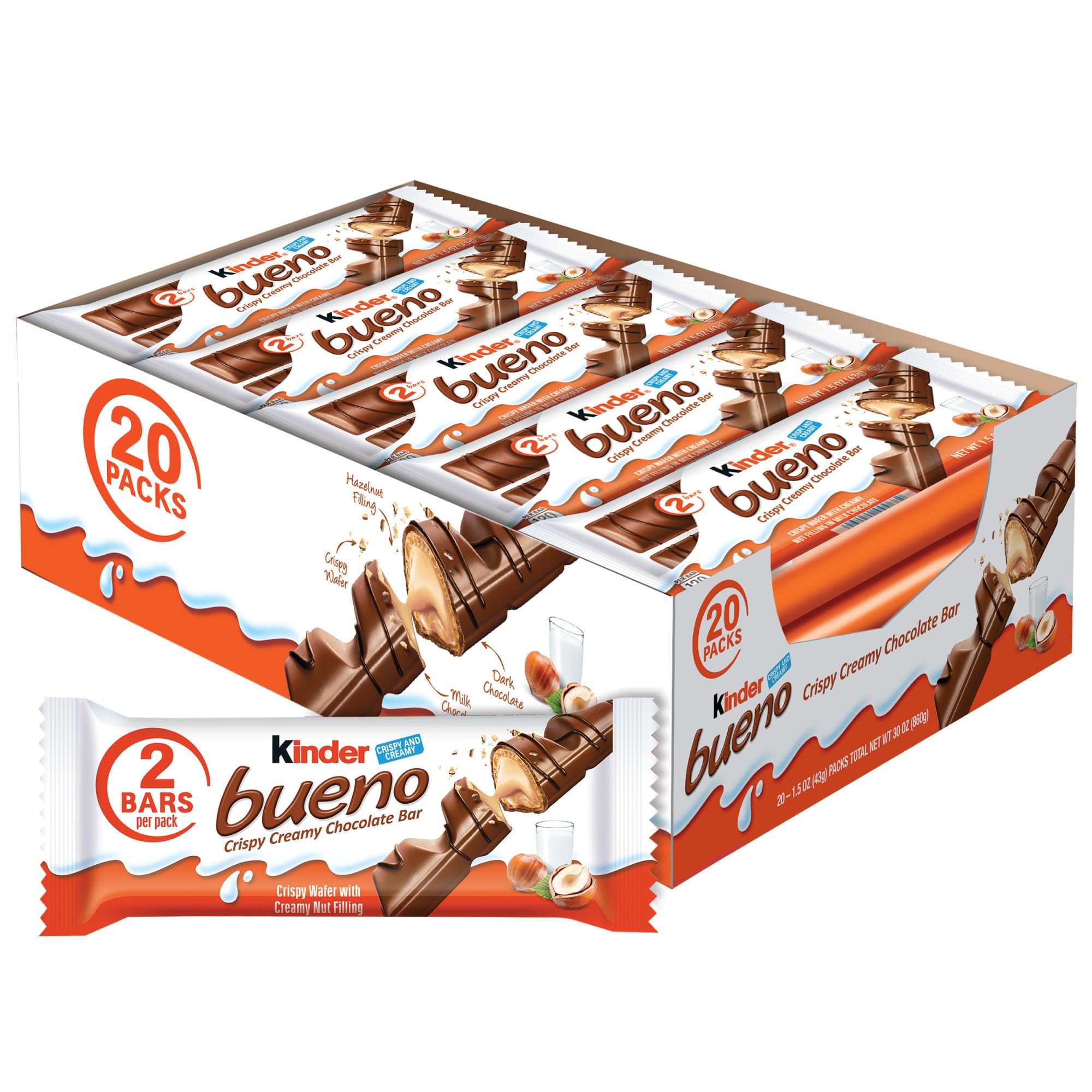 Kinder BuenoMilk Chocolate and Hazelnut Cream, Bulk 20 Pack, 2 Individually Wrapped Chocolate Bars Per Pack, 30 oz