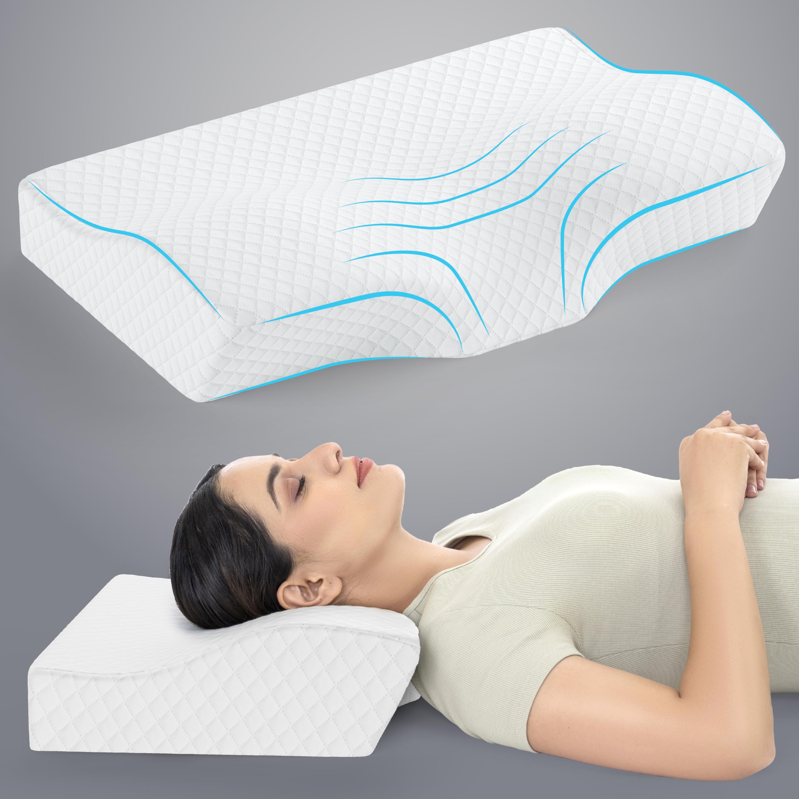 FOVERA Cool Gel Memory Foam Pillow, Orthopedic Contour Cervical Pillow with Extra Curve for Neck Support | Relief from Neck Pain & Shoulder Stiffness (Pack of 1)