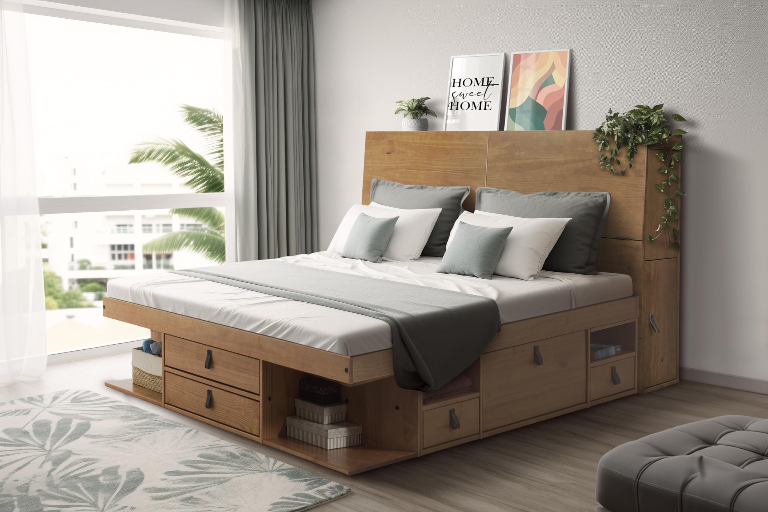 MemomadBali Oak Functional Bed 160 x 200 cm + Functional Headboard 170 + Slatted Frame Bed and Headboard Made of Solid Pine Wood with Lots of Storage Space and Drawers Ideal for Small Bedrooms