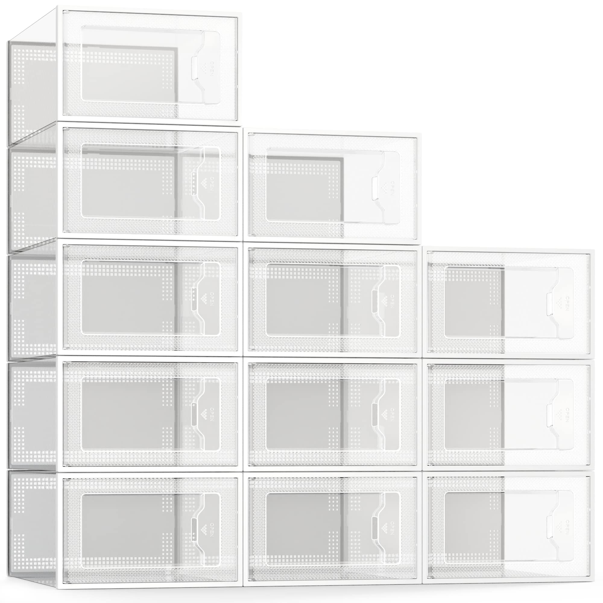 SEE SPRING Large 12 Pack Shoe Storage Box, Clear Plastic Stackable Shoe Organizer for Closet, Space Saving Foldable Shoe Rack Sneaker Container Bin Holder