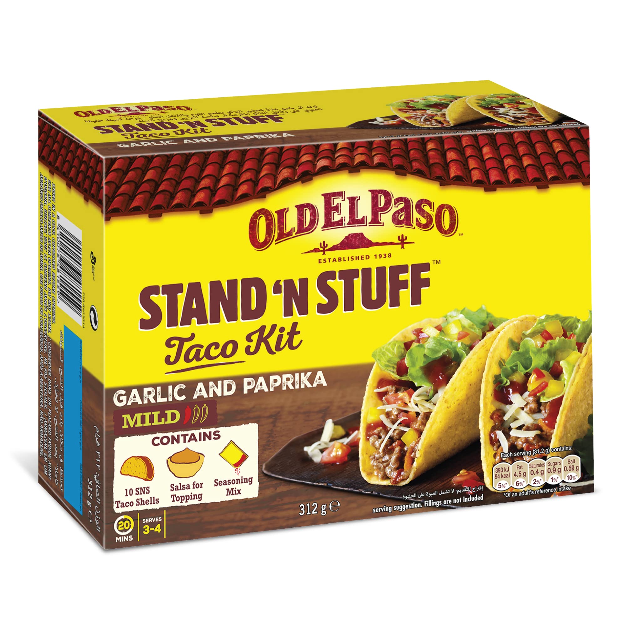 Old El Paso Stand N Stuff Taco Kit, Garlic and Paprica, Mild, 312g, Delicious and Easy to Make Tacos