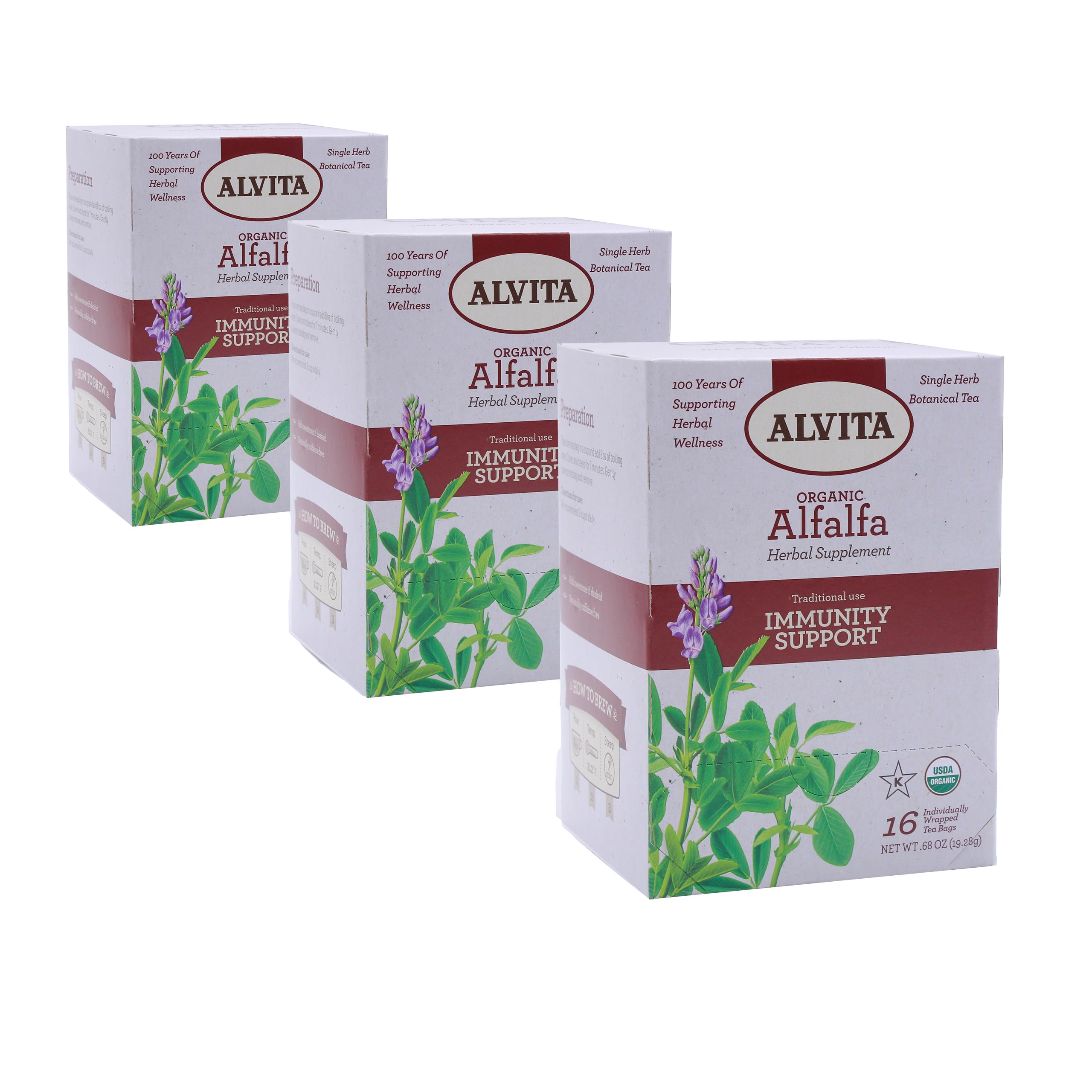 ALVITAOrganic Alfalfa Tea, Herbal Organic Alfalfa Tea for Antioxidant Support, Alfalfa Tea Bags for Immunity Support t, Healthy Kidney Function, Balancing Women’s Health (3 Pack - 16 Bags per Box)