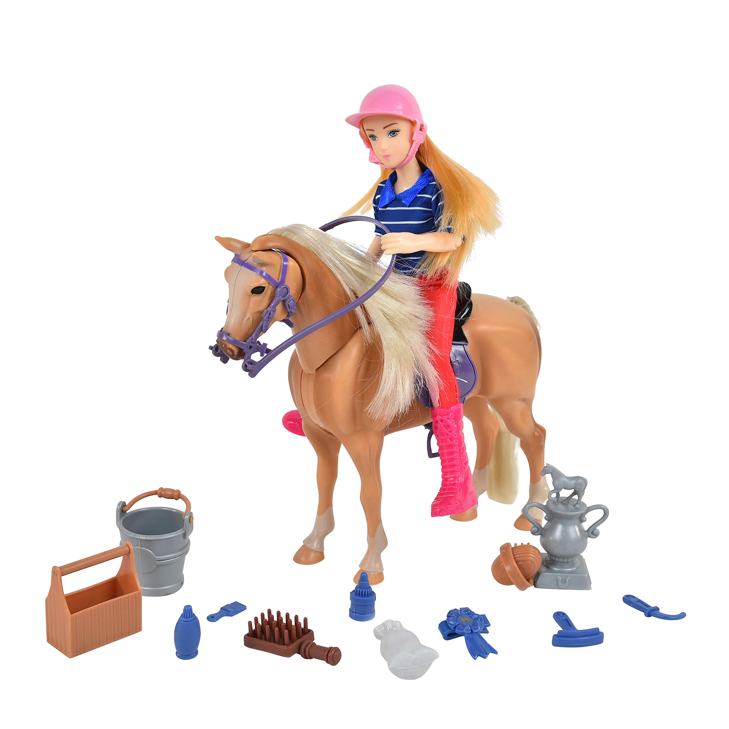 Sunny Days Entertainment Palomino Horse with Rider - Playset with 14 Realistic Grooming Accessories and Sounds | Blonde Doll in Riding Outfit | Horse Toys for Girls and Boys - Blue Ribbon Champions