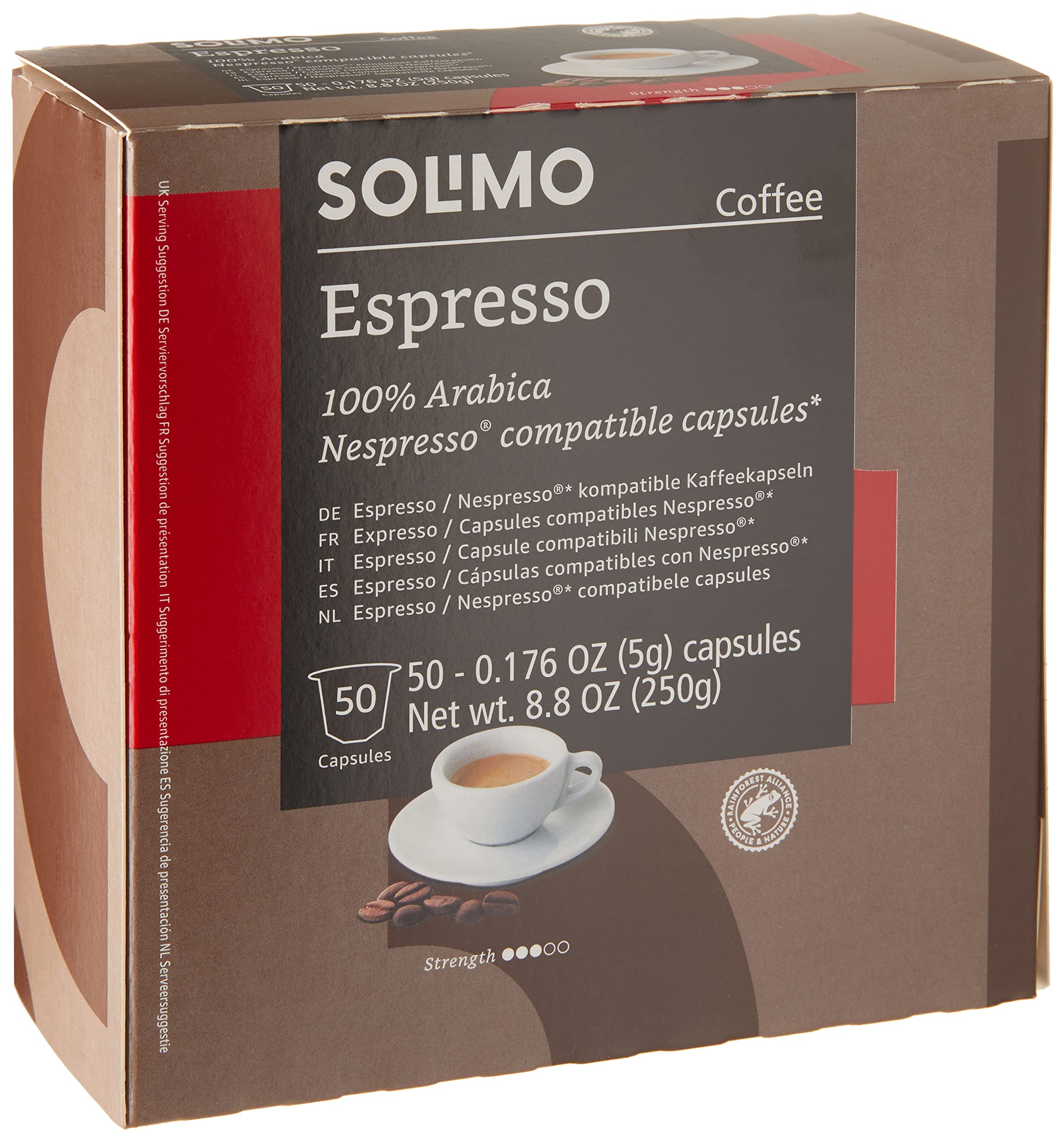 Amazon Brand - Solimo Espresso Capsules, Medium Roast, Compatible with Original Brewers, Pack of 1x50 Capsule (50 count)