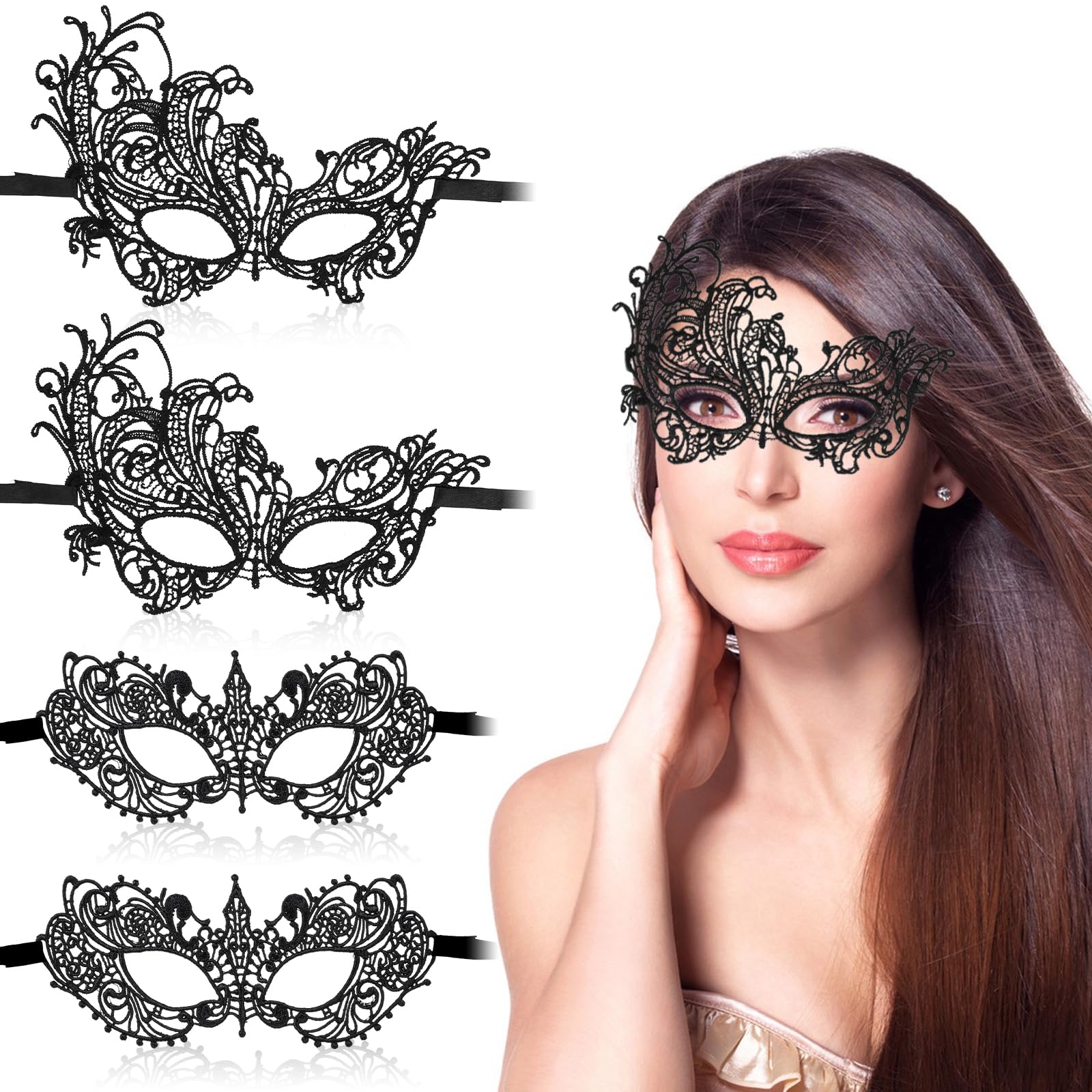 AndibroPack of 4 Masquerade Ball Lace Mask, Venetian Mask Lace for Women, Sexy Lace Eye Mask, Masquerade Mask for Halloween, Carnival, Prom, Party, Costume, Ball Masks