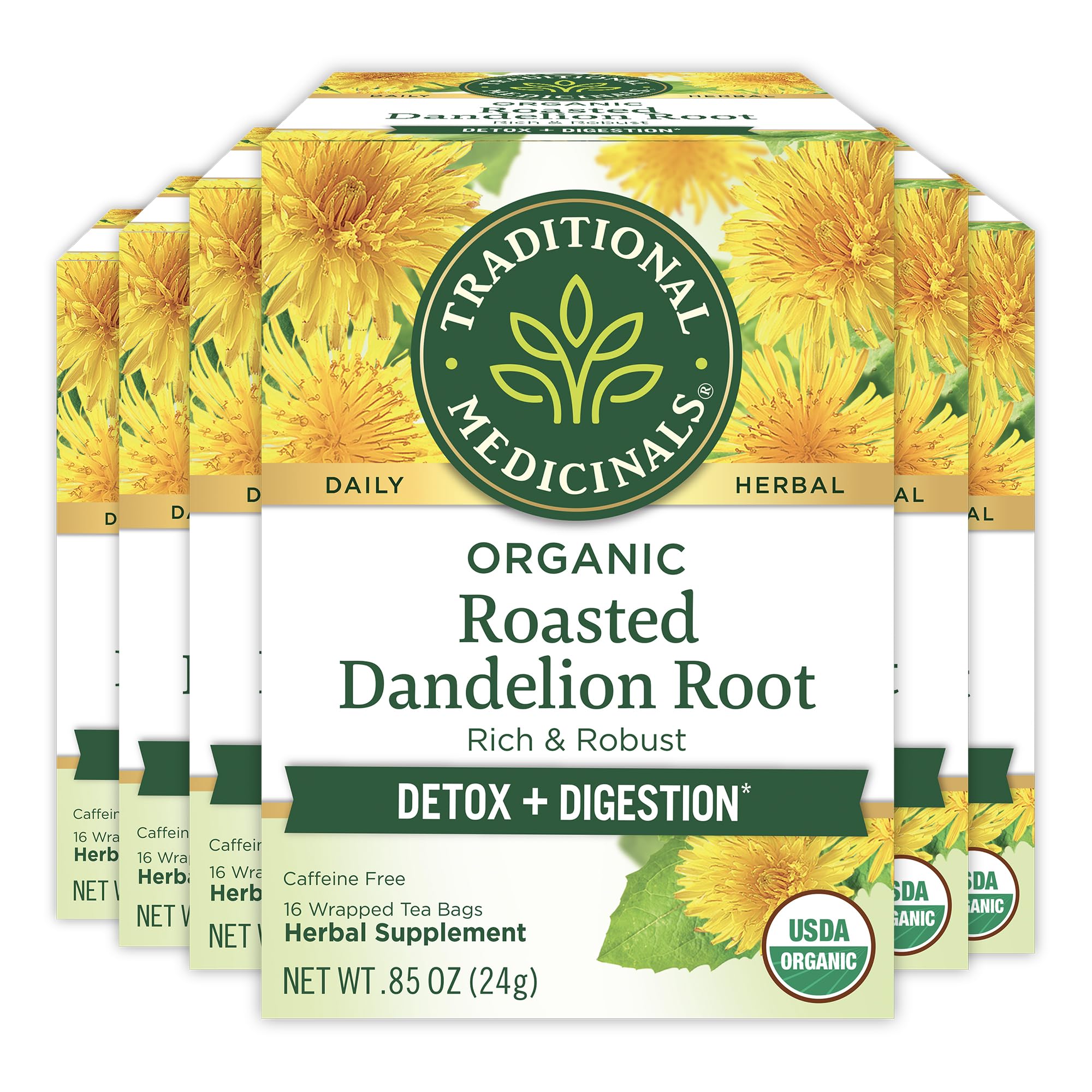 Traditional Medicinals Tea, Organic Roasted Dandelion Root, Supports Kidney Function & Healthy Digestion, 96 Tea Bags (6 Pack)