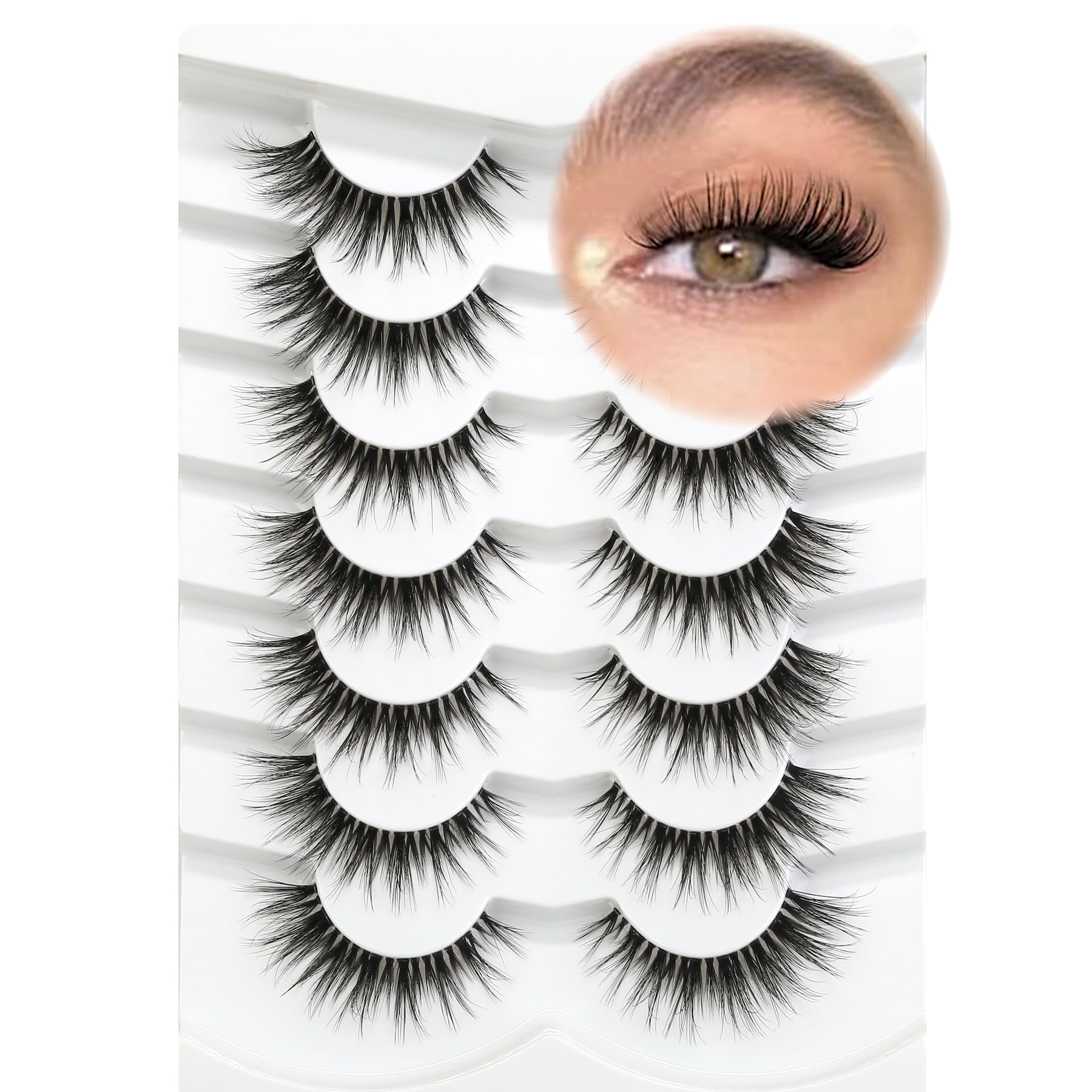 3D Clear Band False EyeLashes Soft Faux Mink Lashes Wispy Fluffy Eyelashes Natural Cat Eye Short Reusable 7 Pairs Happy Heartbeat (No.219)