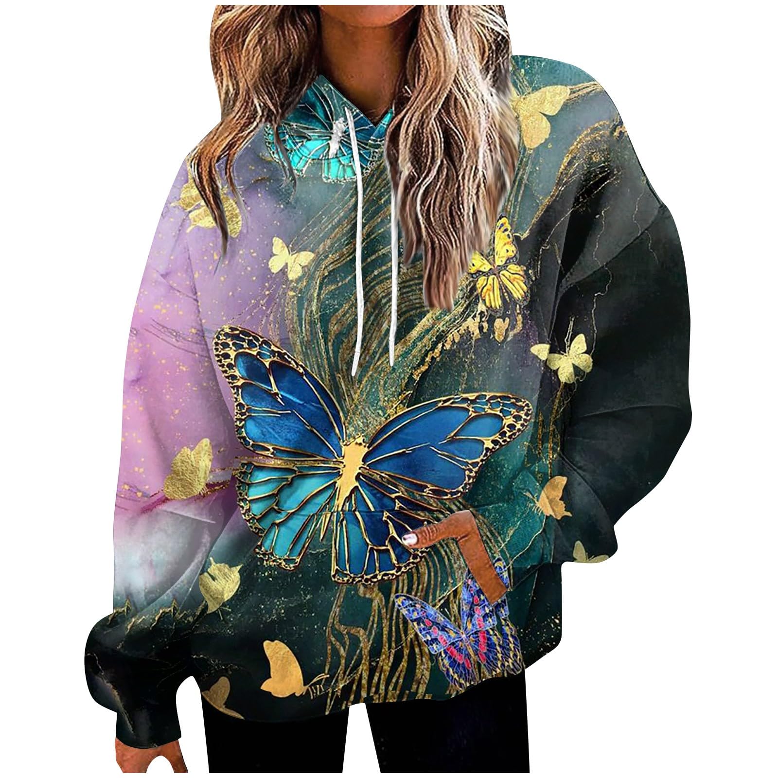 Oversized Hoodies for Women Long Sleeve Butterfly Graphic Print Hooded Sweatshirt Fall Drawstring Pullover with Pocket