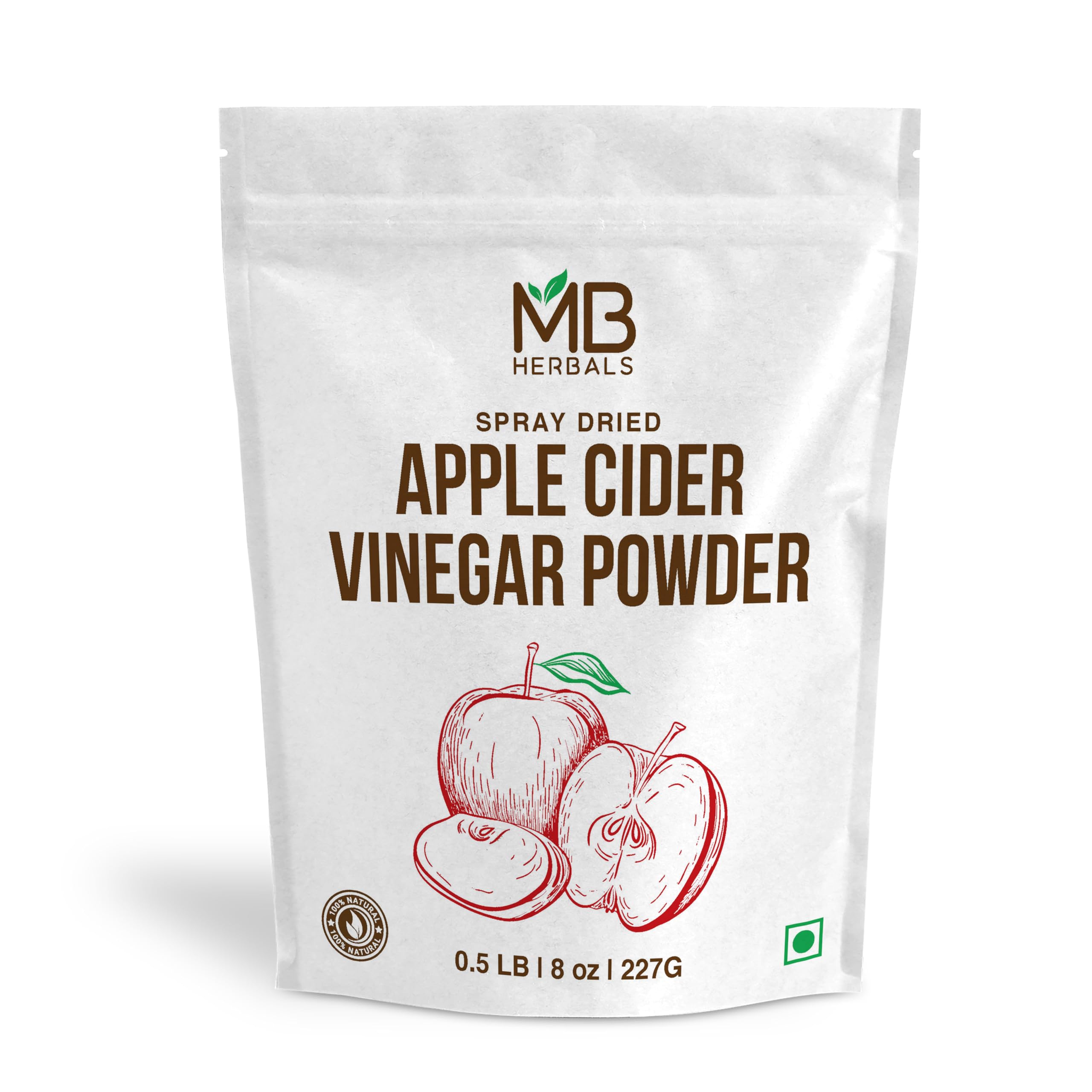 MB Herbals Apple Cider Vinegar Powder | 227G (8 oz/Half Pound) | 75 Servings | Spray Dried | Gluten Free | No Preservatives