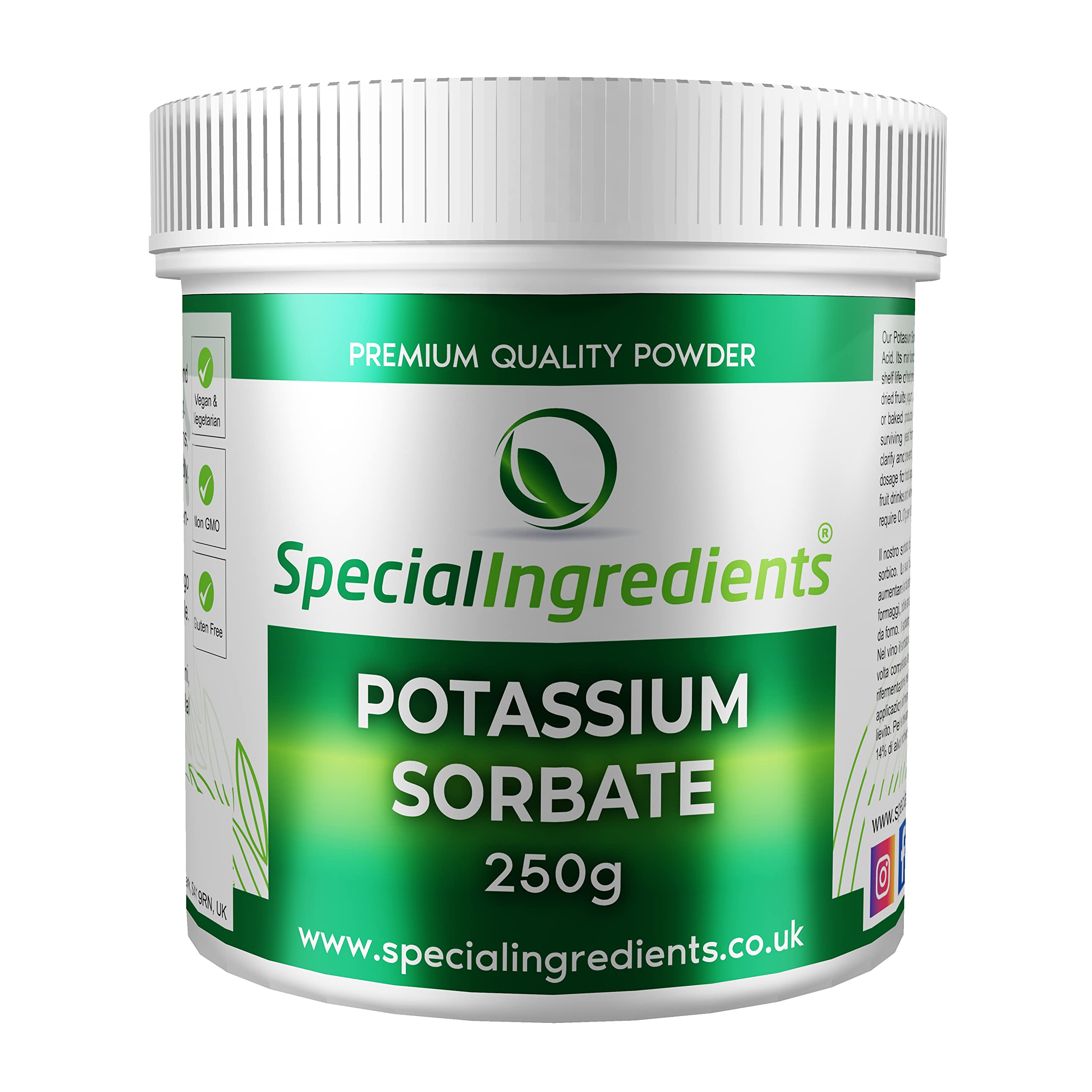 Potassium Sorbate (Mould Inhibitor) 250g Premium Quality, Non-GMO, Gluten Free – Recyclable Container