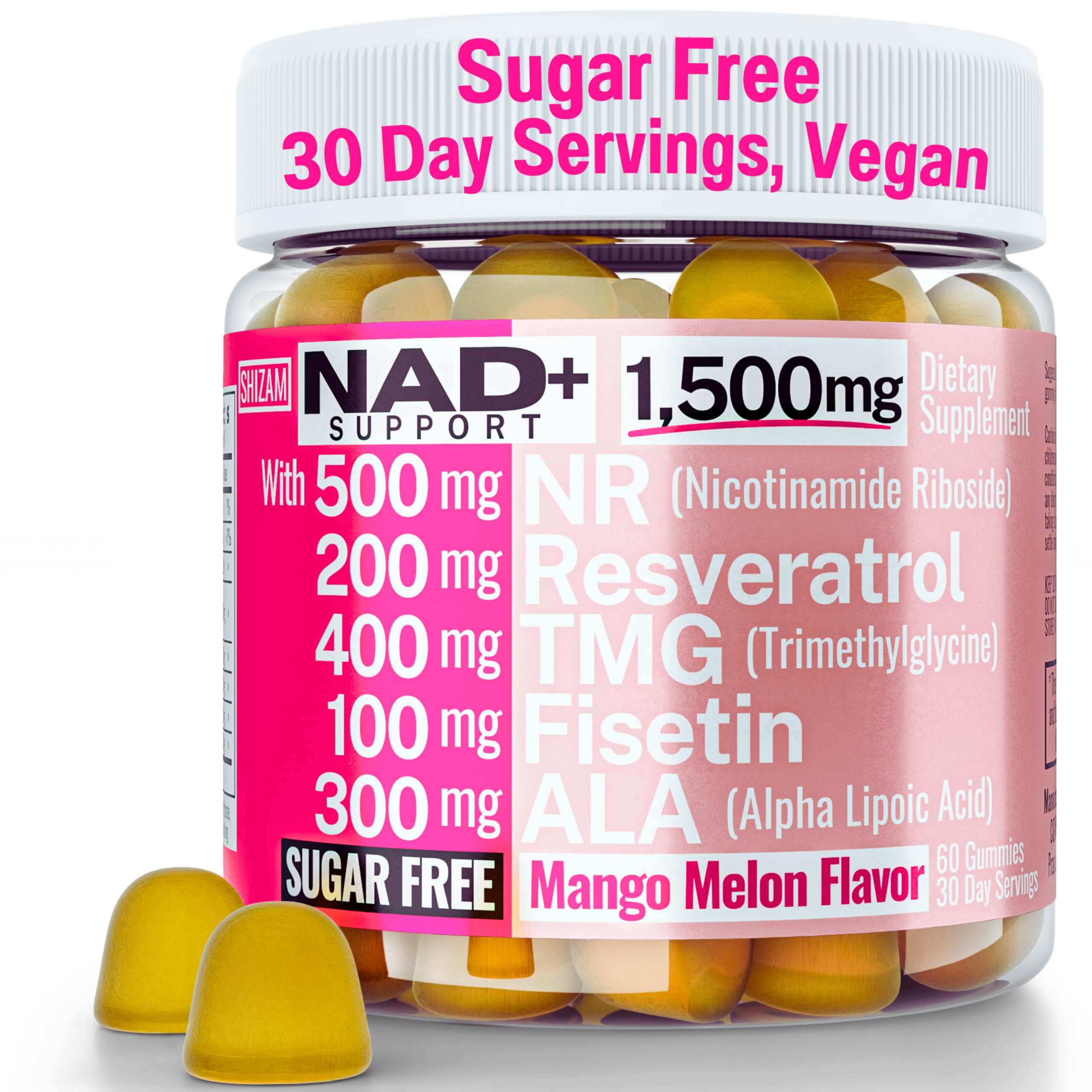 1500mg NAD+ Sugar Free Gummies | NAD + Plus NR TMG ALA Trans-Resveratrol Fisetin Supplements | Nicotinamide Riboside Trimethylglycine Alpha Lipoic Acid Betaine Pills Capsules Tincture Supplement Alt