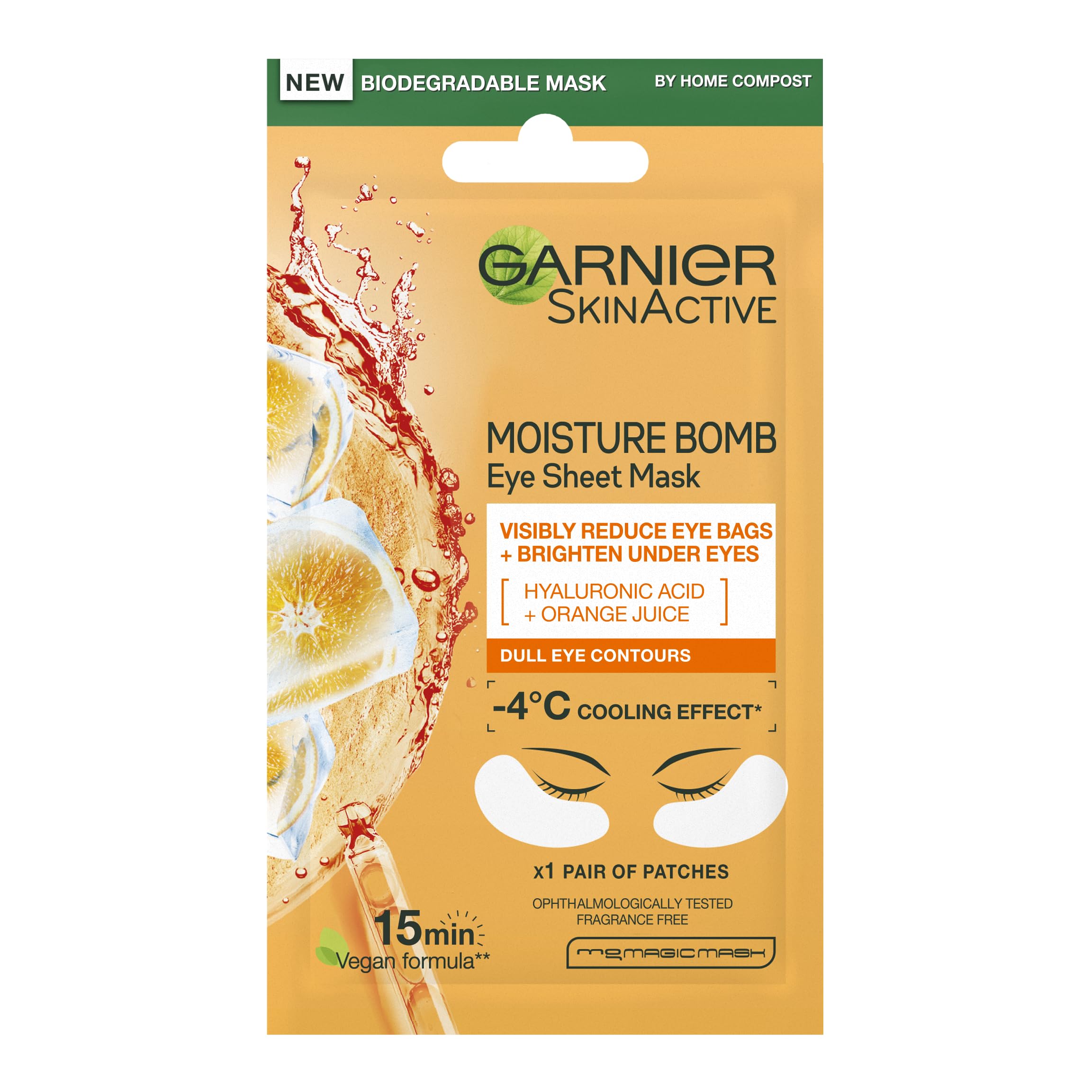 GarnierMoisture Bomb Eye Mask With Hyaluronic Acid And Orange Juice, Hydrating And Brightening Under Eye, Reduce Appearance Of Eye Bags, Biodegradable And Vegan Tissue, Orange, 28 G, Pack Of 1