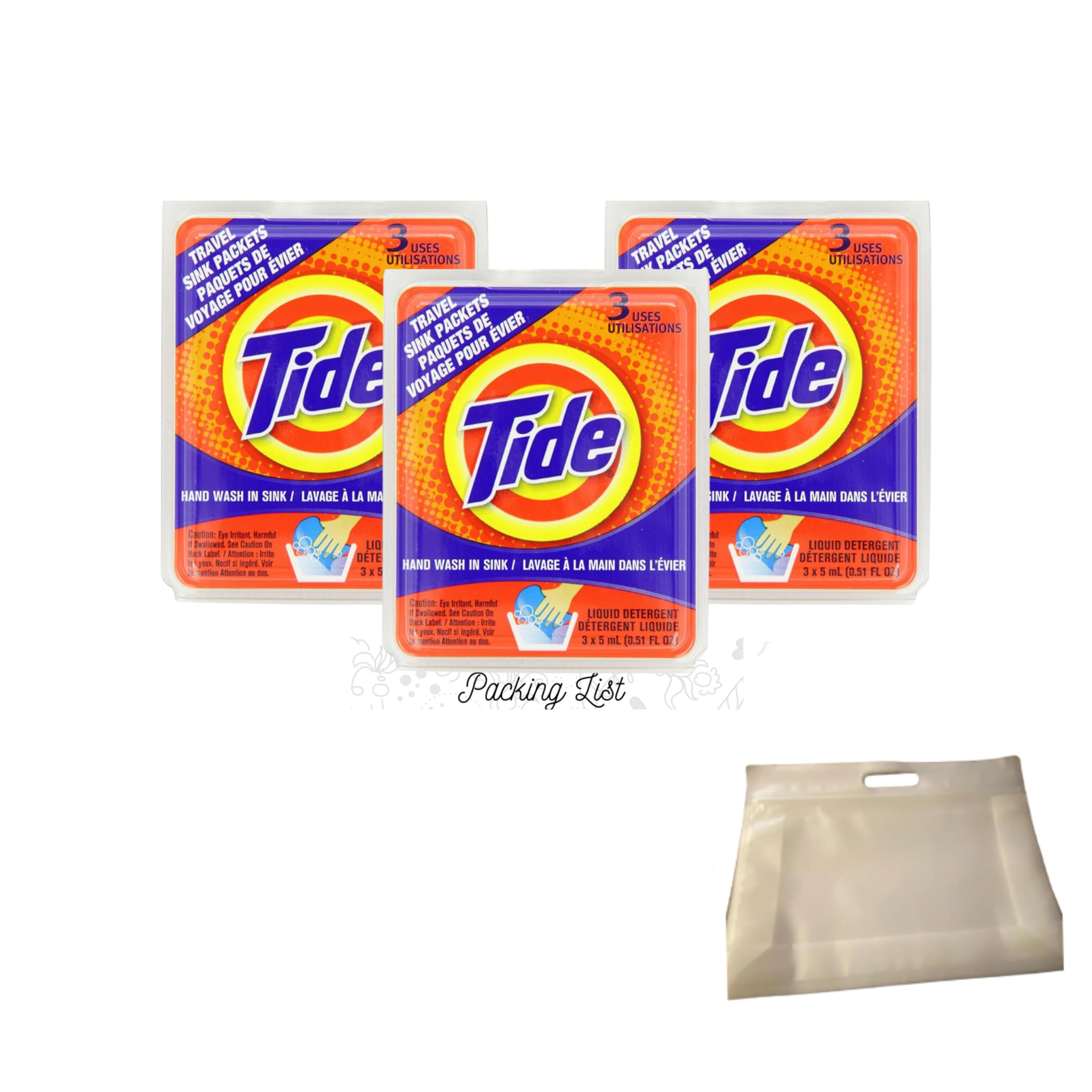 Tide Sink Travel Packets 3 Packs(3 Ct Each) Bundle With Clear Toiletry Bag And Packing List, 11 In 1 Travel Essentials Kit