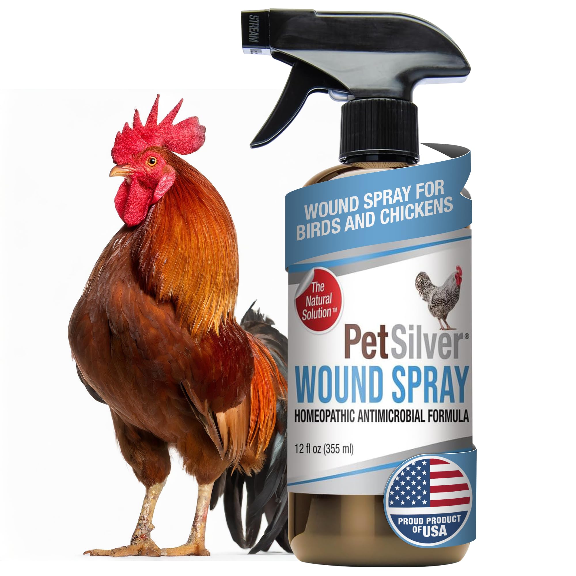 PetSilver Chicken Wound Spray for Chickens & Birds - Patented Silver Solution - Silver Spray for Wounds, Pecking Sores, Bumblefoot, Cuts, Burns, & Skin Irritations - Chicken Care - USA Made - 12 fl oz