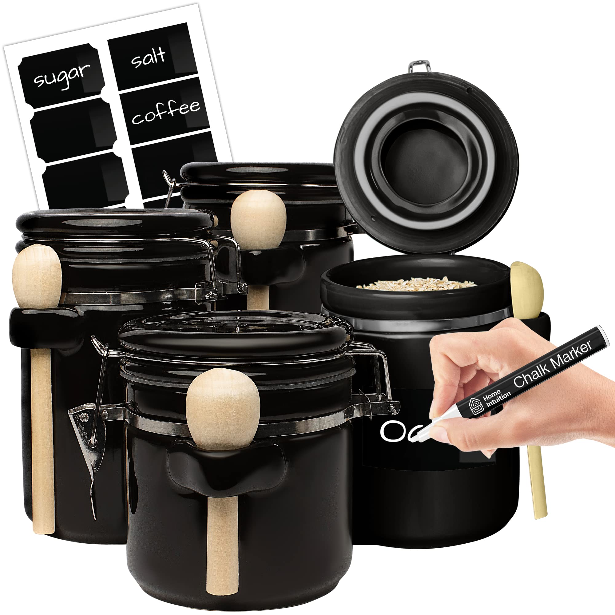 Home Intuition 4-Piece Ceramic Kitchen Canisters Set, Airtight Containers with Wooden Spoons Reusable Chalk Labels and Marker for Sugar, Coffee, Flour, Tea (Black)