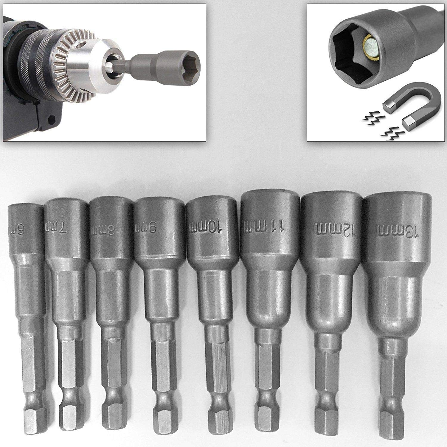 Safekom 8pc 1/4" Hex Magnetic Nut Driver Socket Set Metric Impact Drill Bits 6 to 13mm Adapter