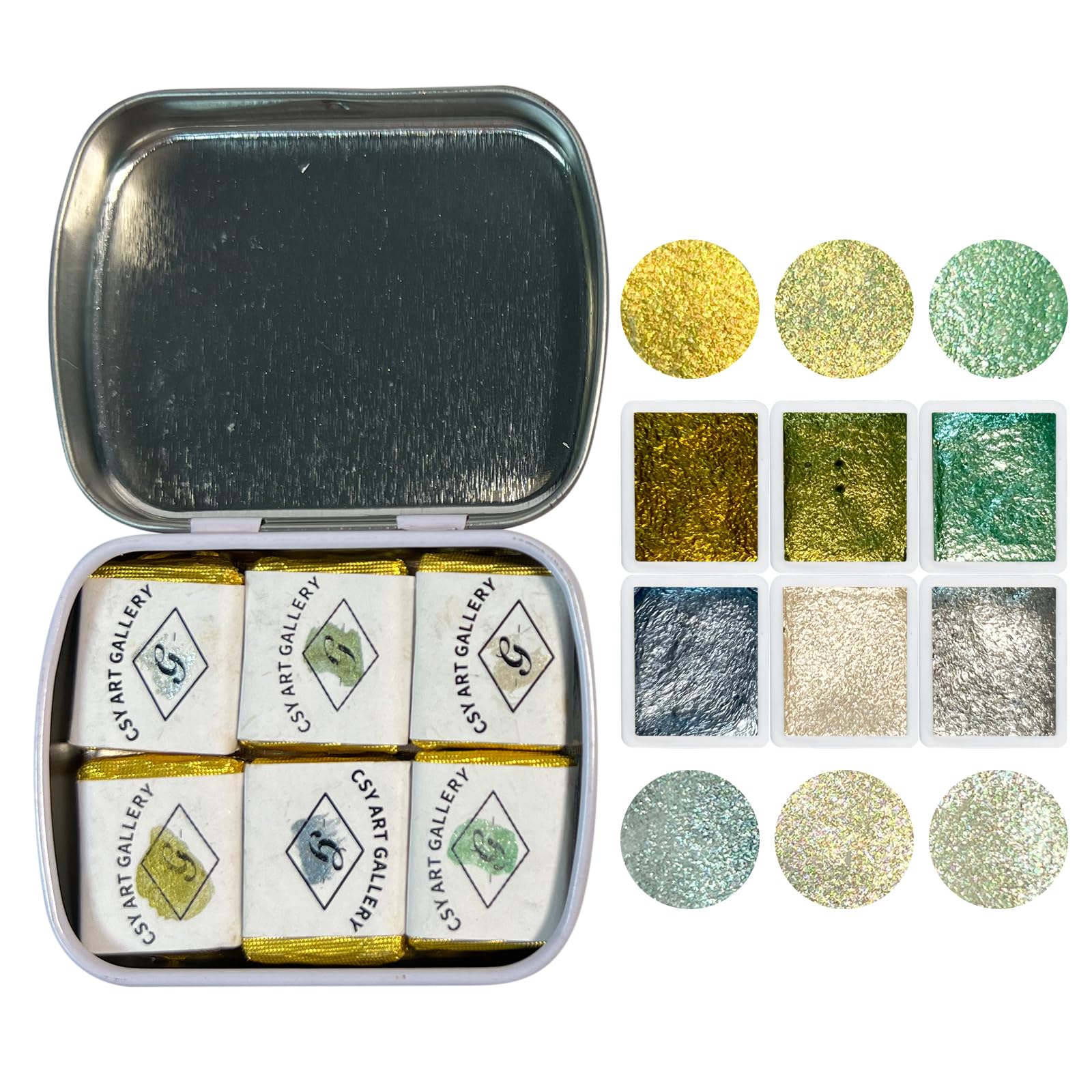 CSY art galleryHandmade Metallic/Mica Watercolors Paint Set in Tin Case Sparkly, Shimmer, Glitter for Artists, Students, Hobbyists, Calligraphers (Firefly Forest)