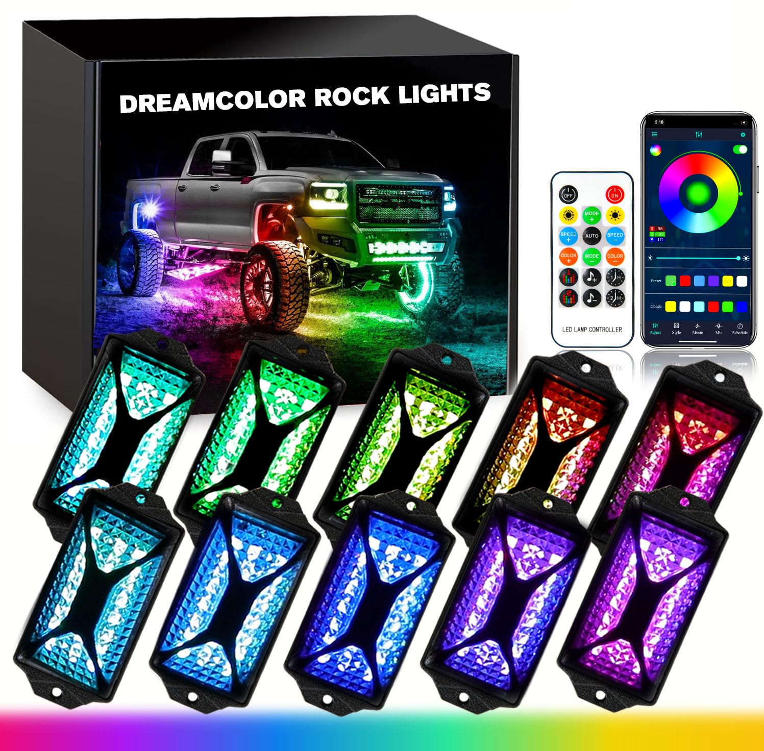 Rich Choices240 LEDs Rock Lights Kit for Trucks,Dreamcolor 10pcs Underglow Neon Light Pod with Bluetooth App Control Flashing Music Mode Wheel Well Light for Car Jeep Truck ATV RZR UTV SUV Off Road