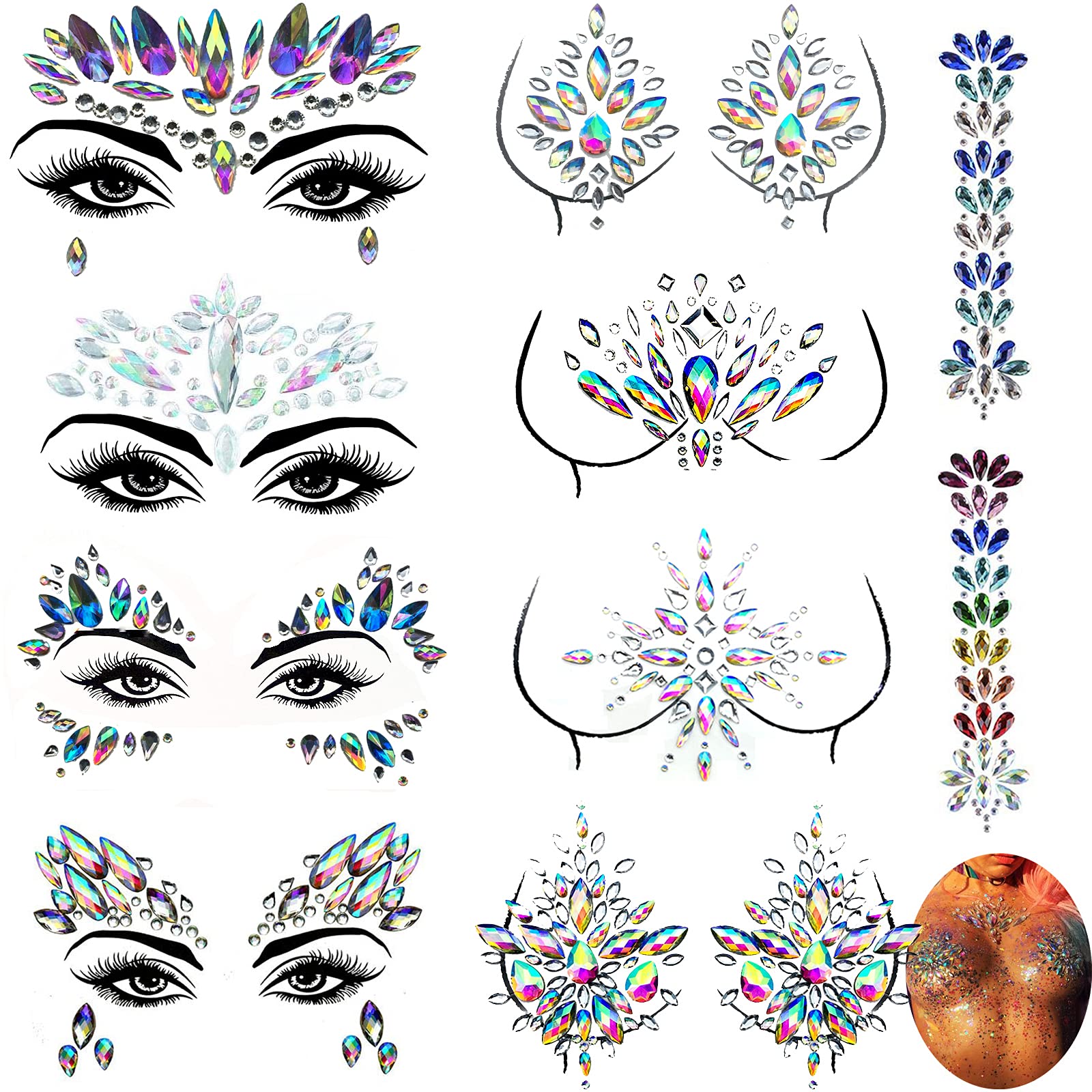 Rhinestone Face Gems Jewels and Chest Body Gems Sticker Set, Crystals Body Jewels Breast Pasties Tattoo, Mermaid Face Jewel Gems, Rainbow Rave Festival Body Gem Stones Bindis, 10-Pack