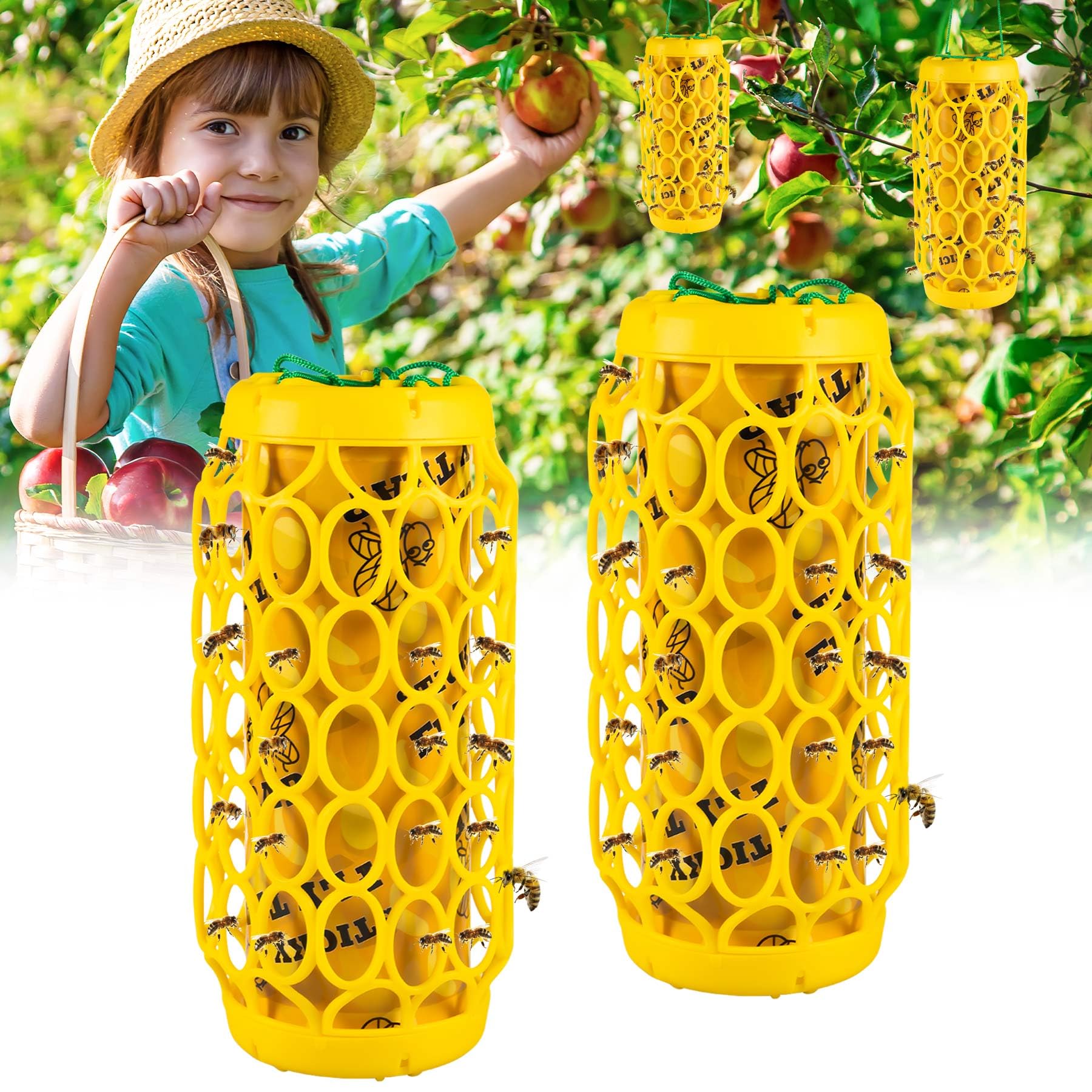 2 Pack Wasp Traps Outdoor Hanging Bee Traps for Outside Insect Catcher for Wasps and Carpenter Bees Reusable Bee Killer Sticky Bug Boards Yellow Jacket Trap with Bait Reservoir with 4 Sticky Boards