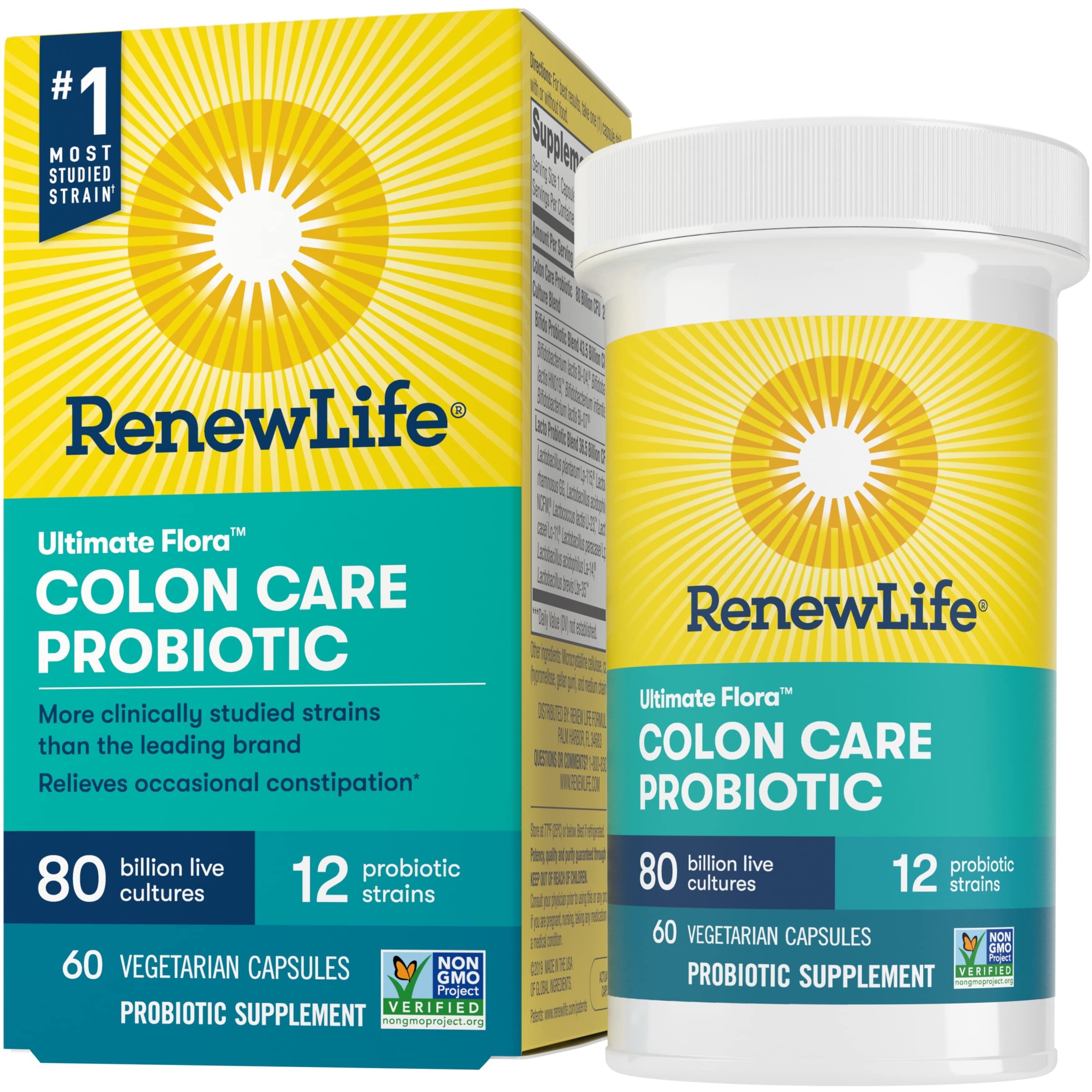 Renew Life Adult Colon Care Probiotic Supplement, Gluten, Dairy & Soy Free, 80 Billion CFU Per Capsule, 60 Capsules (Package May Vary)