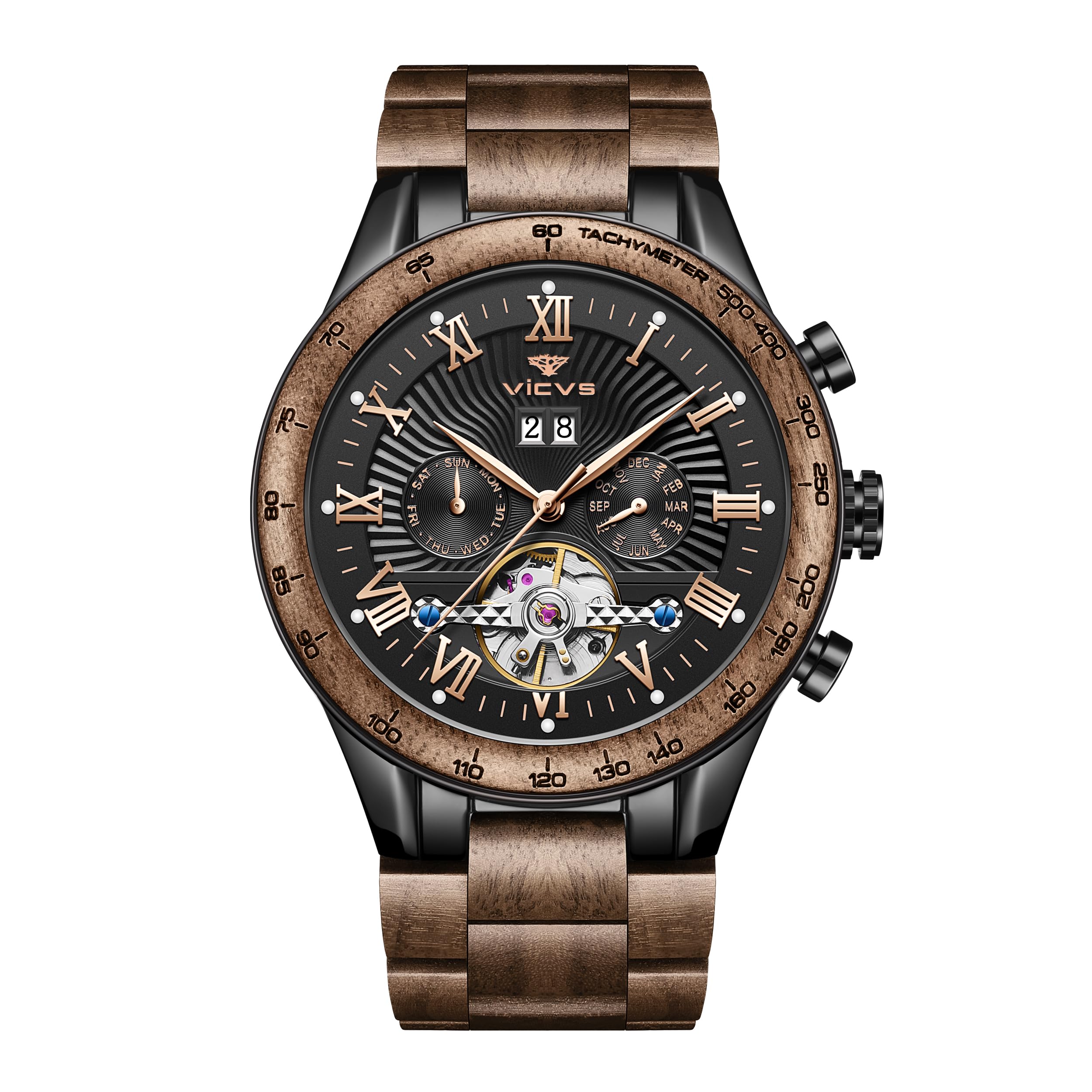 Natural Walnut Automatic Men's Wooden Watch Date Day Multifunctional Automatic Business Wooden Watch