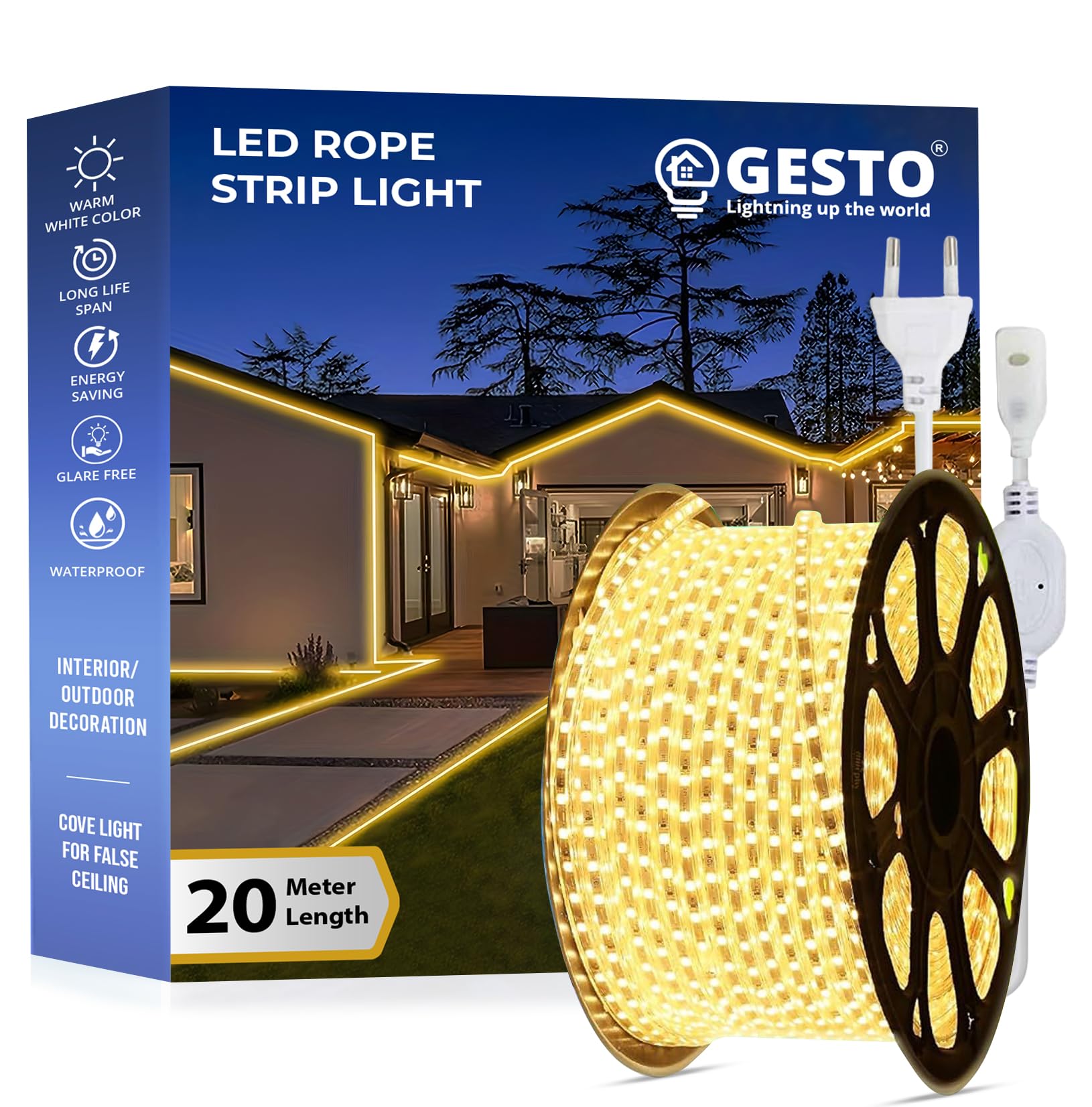 Gesto 20 Meter Rope Led Strip Lights – Outdoor Lights Waterproof for Balcony Decoration,Home Decor & Interior Decoration | Decorative Lights for Diwali Decoration,Cove Light for Ceiling (Warm White)