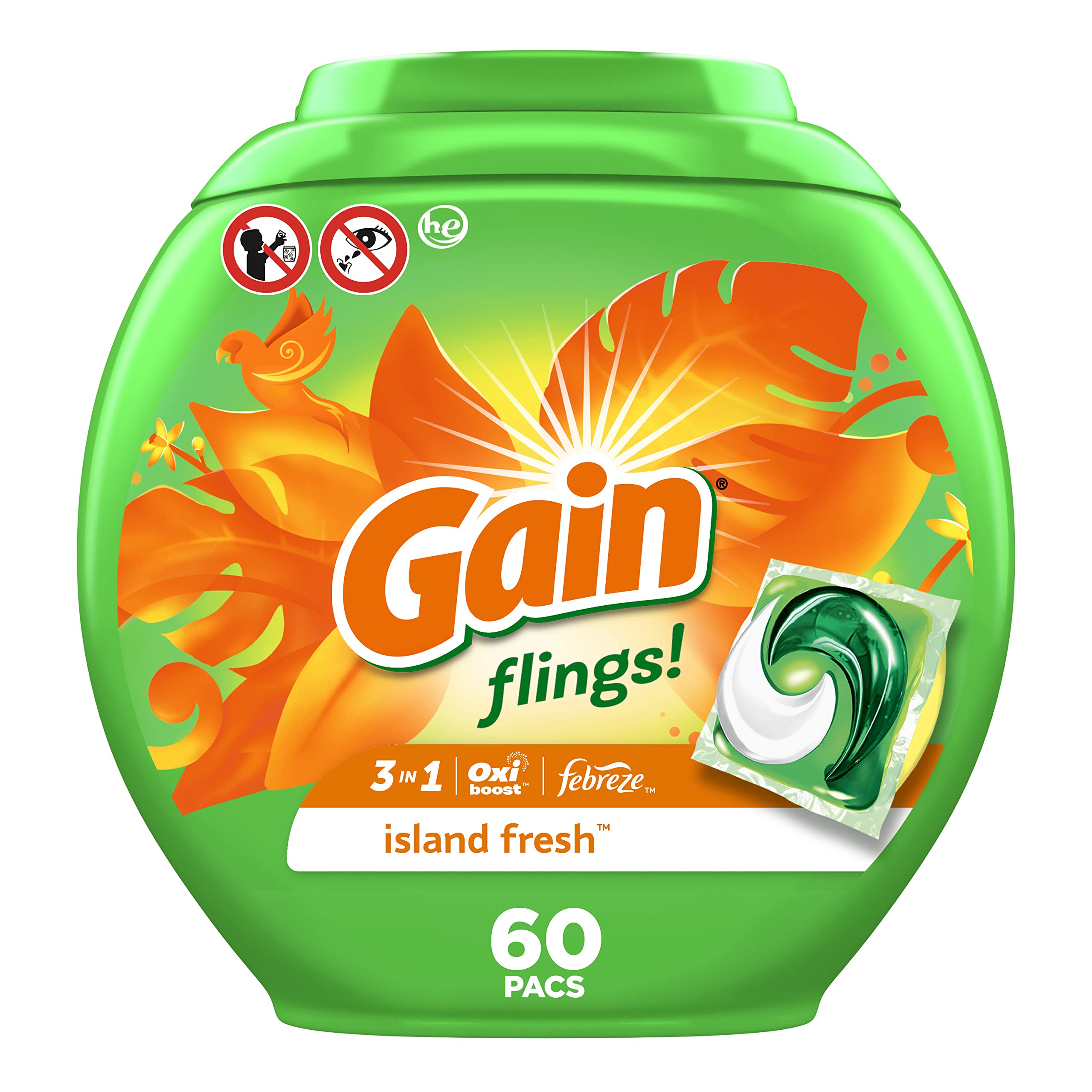 Gainflings! Laundry Detergent Soap Pacs HE Compatible 60 ct Long Lasting Scent Island Fresh