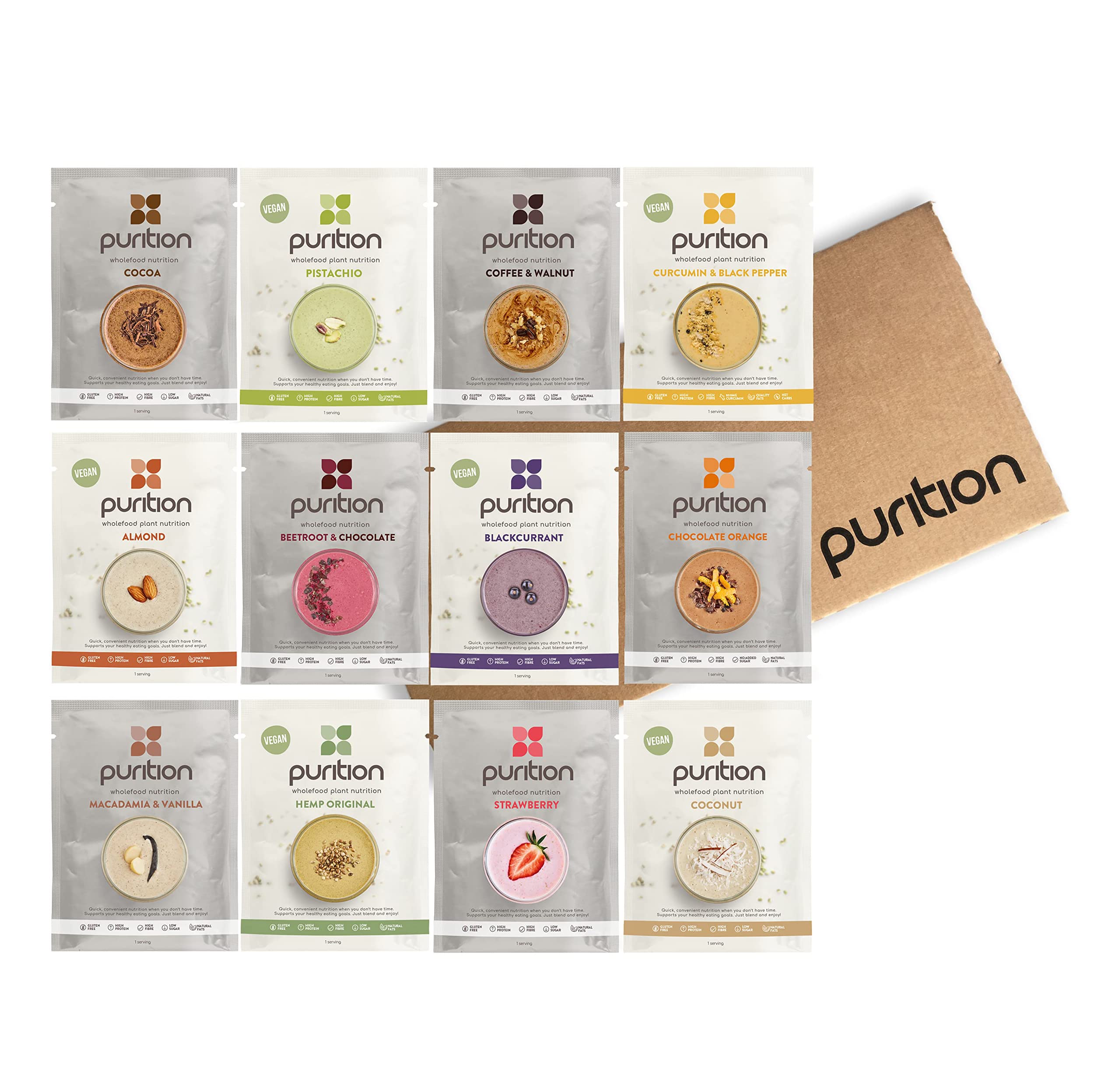 Purition Mixed Trial Box | Premium Vegan & Vegetarian sachets, High Protein Powder for Keto Shakes and Smoothies with Only Natural Ingredients for Weight Loss | 12 x 40g sachets