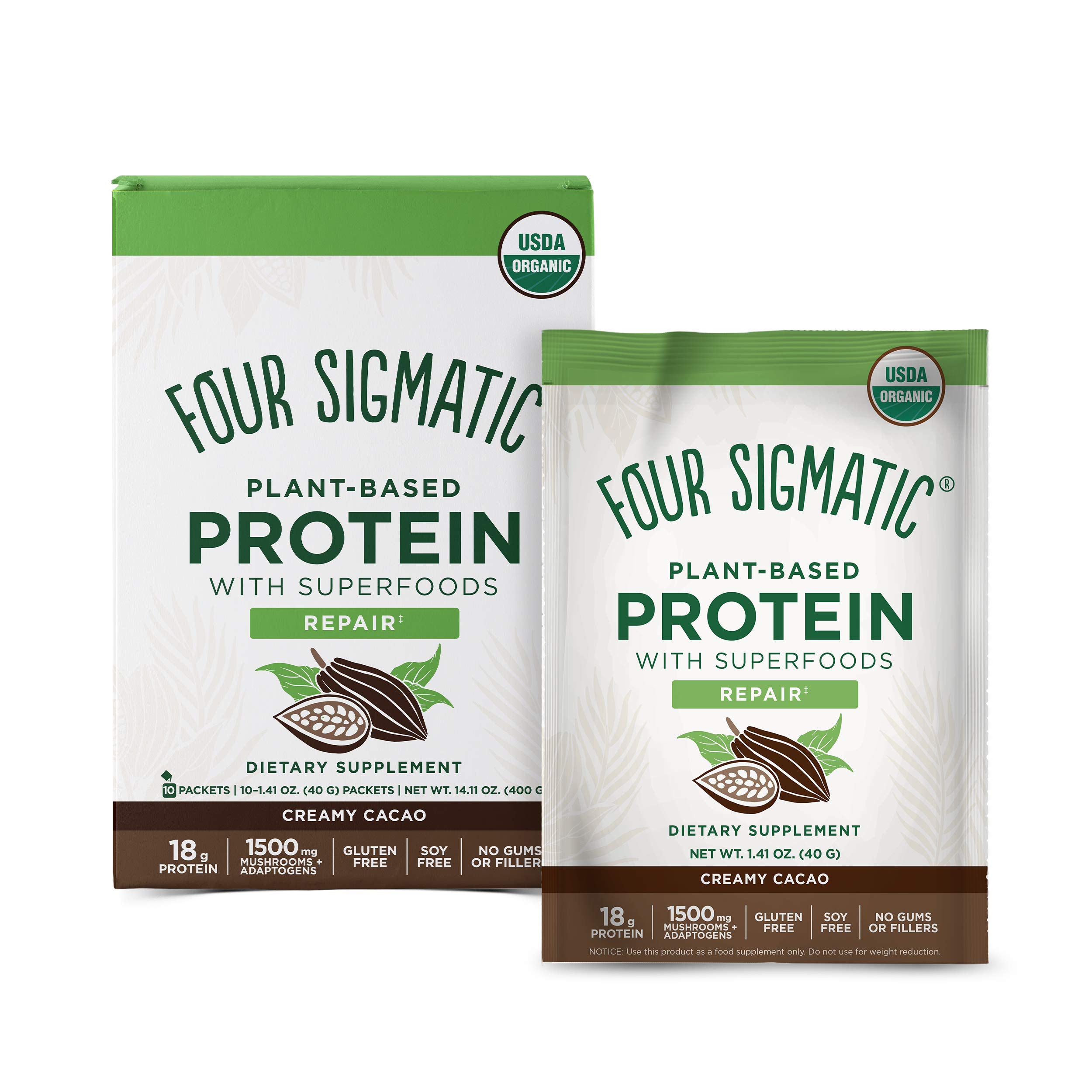 Four Sigmatic, Plant-Based Protein with Superfoods, Creamy Cacao, 10 Packets, 1.41 oz (40 g)