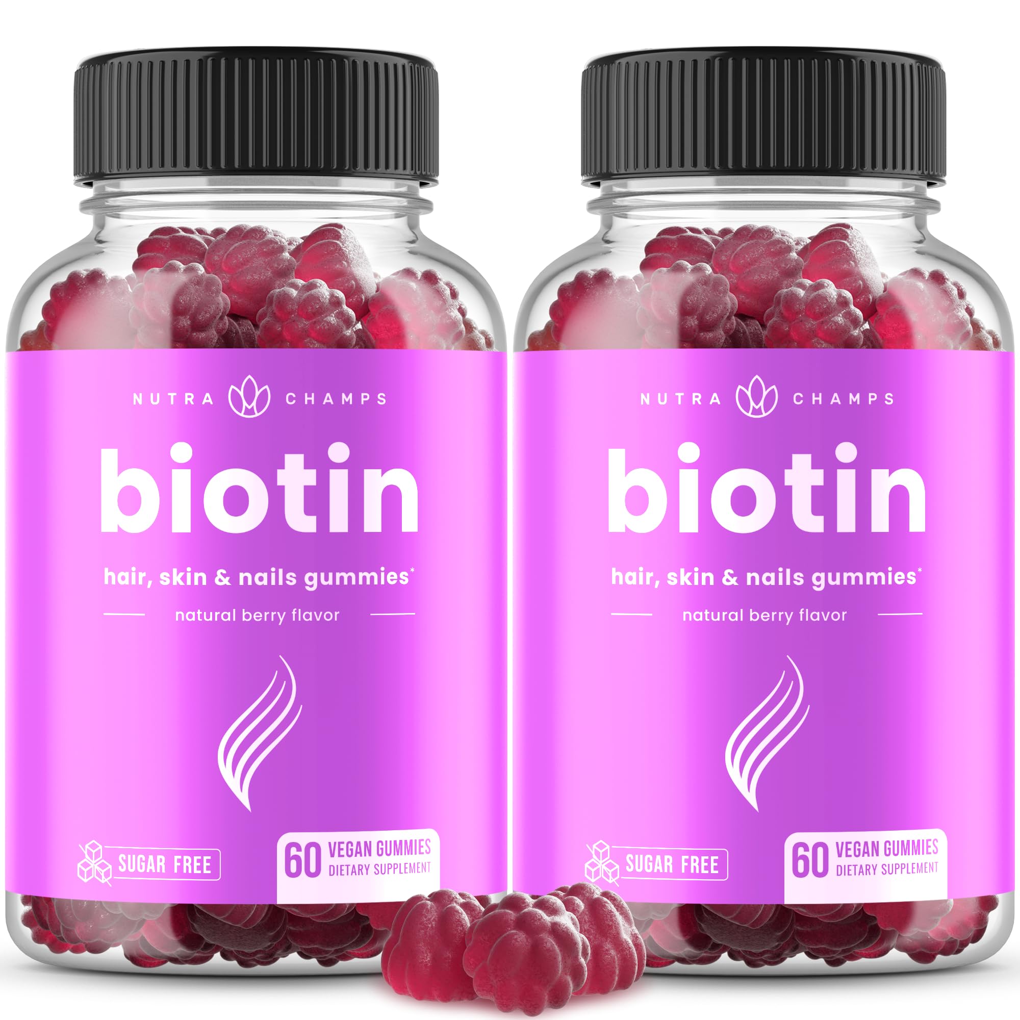 NutraChamps Sugar Free Biotin Gummies 10000mcg [High Potency] - Healthy Hair, Skin & Nails for Women, Men & Kids - 5000mcg in Each Gummy - Vegan Hair Health Vitamins Supplement - Raspberry (2-Pack)