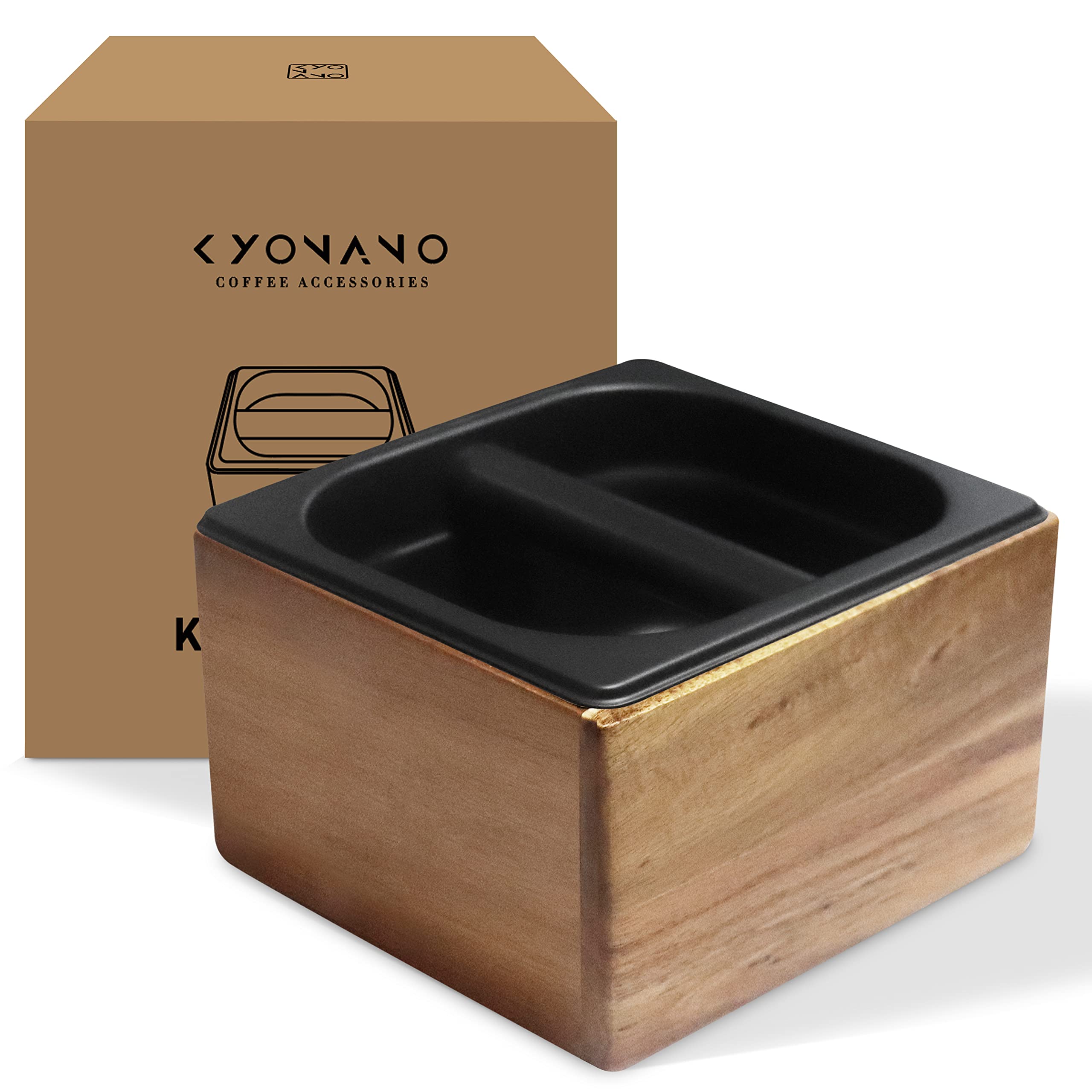 KYONANOEspresso Accessories-Espresso Knock Box, Coffee Knock Box with Durable Knock Bar and Non-Slip Base, Made of Natural Acacia Wood and Stainless Steel, Knock Box for Breville Machine Accessories