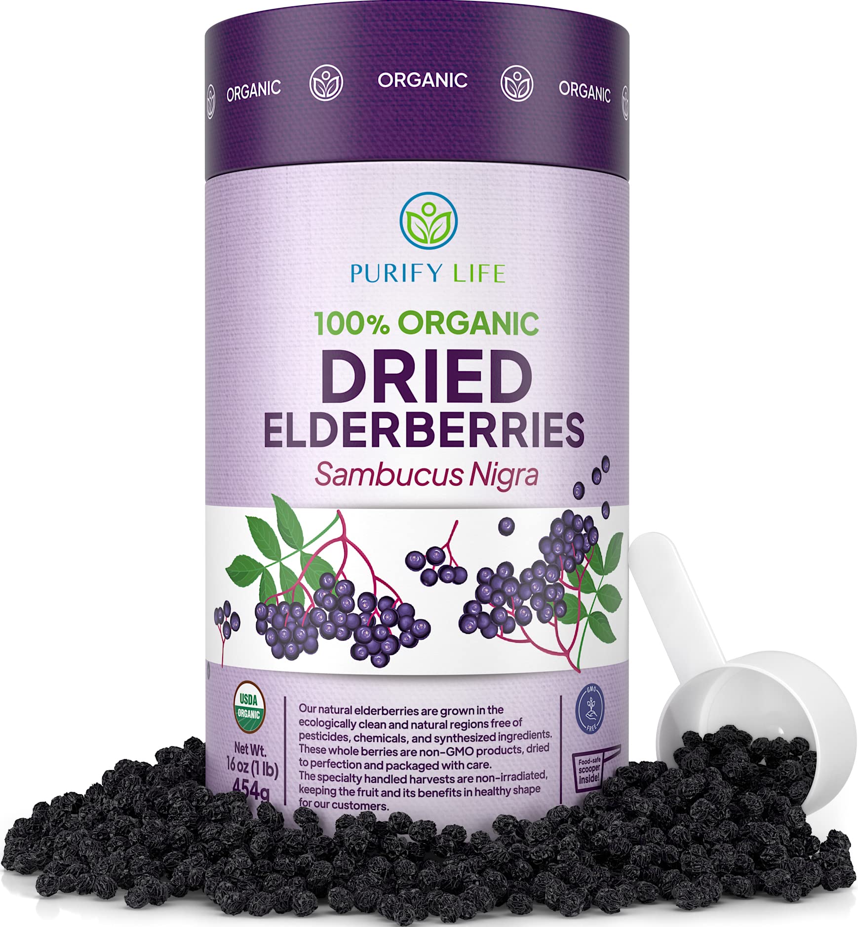 3rd Party Lab Tested - USDA Organic Dried Elderberries 1lb Bulk (Safest Packaging, Resealable Bag, BPA-Free Scoop) Natural, non-irradiated, Raw Whole Black Sambucus Elderberry Syrup, 1 Pound, No Sugar